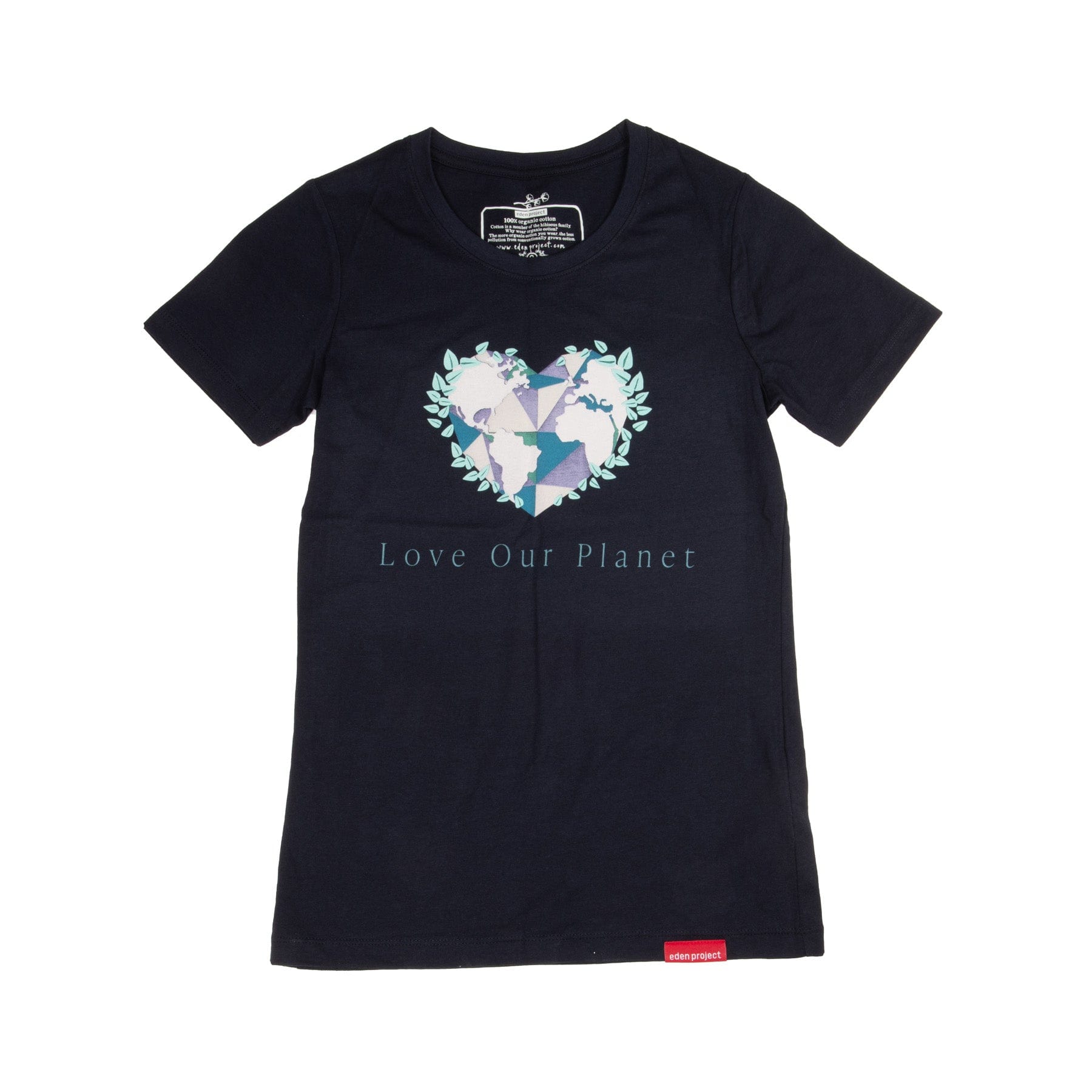 Navy blue eco-friendly t-shirt with 'Love Our Planet' text and heart-shaped earth graphic design surrounded by green leaves, sustainable fashion apparel.