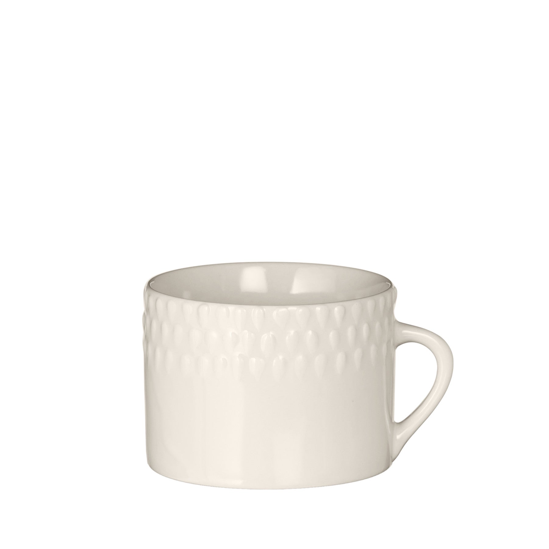 White ceramic coffee mug with textured design isolated on a white background