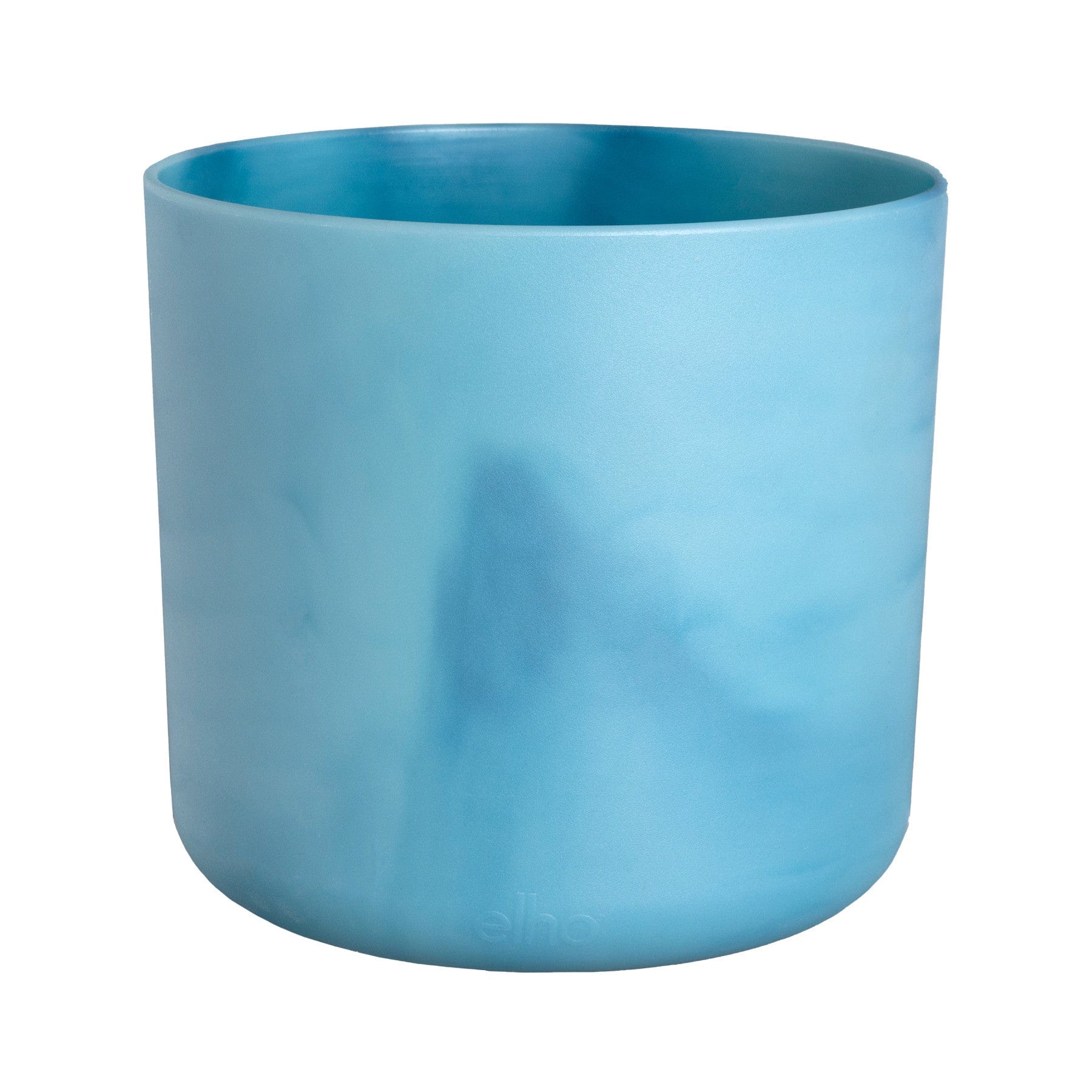 Blue Elho branded plastic plant pot on white background