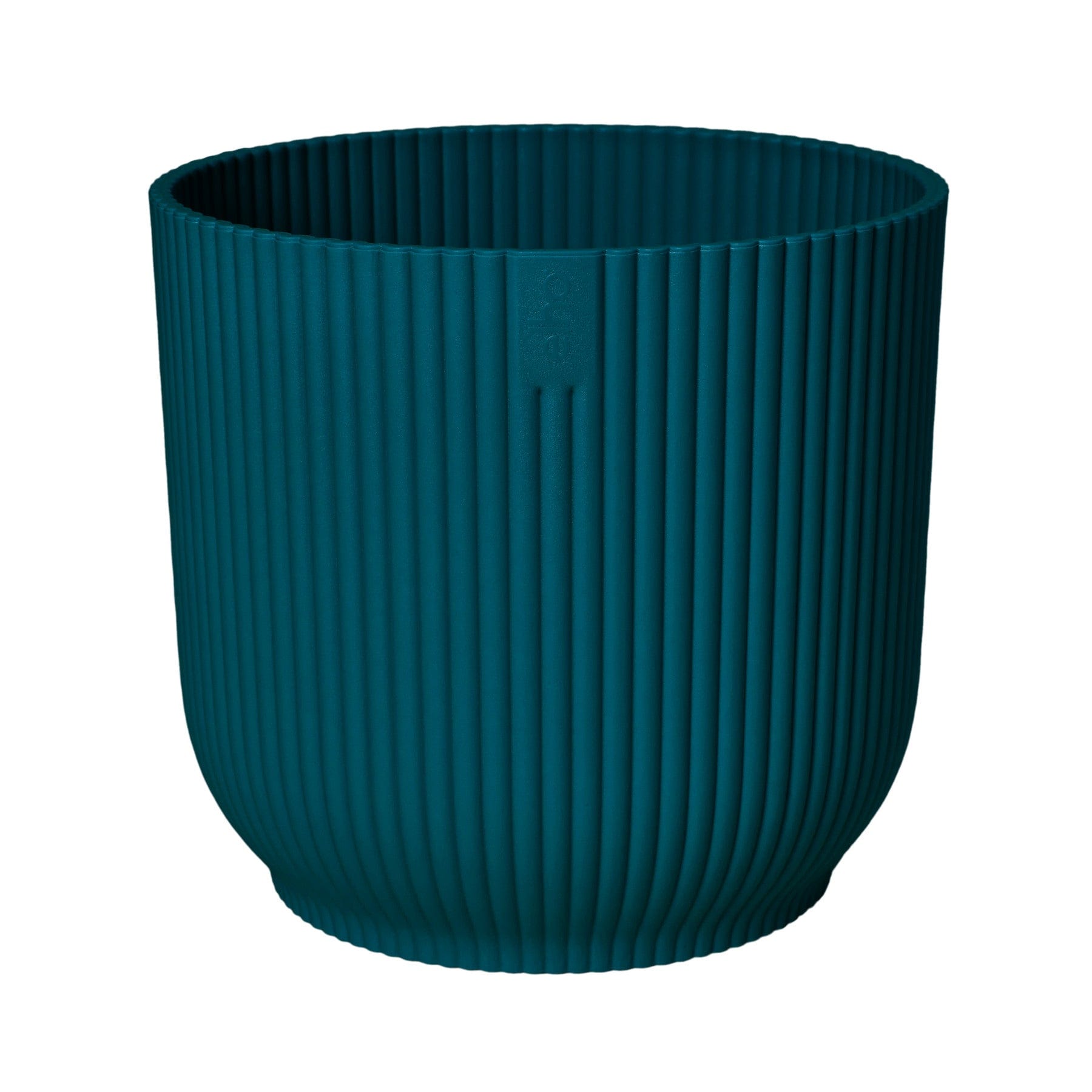 Teal ribbed planter, round indoor decorative pot, modern home decor, minimalist flower container design, isolated on white background.