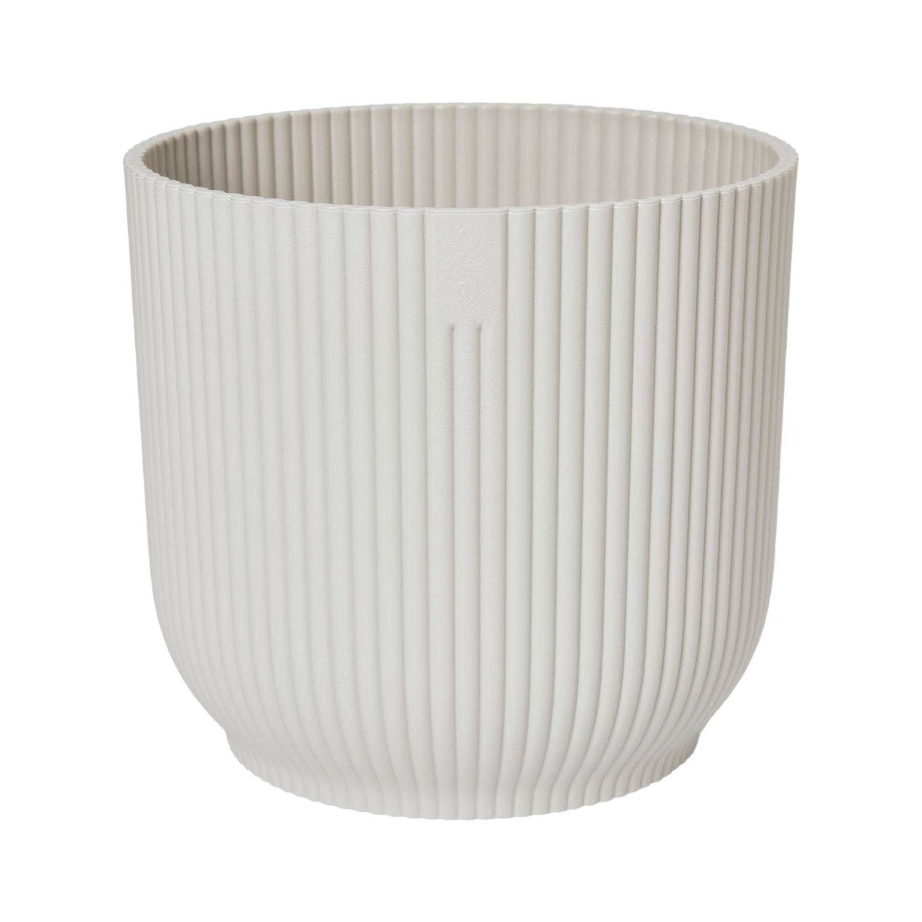 White modern ceramic planter, ribbed texture design, round indoor pot, home decor, neutral color, no plant