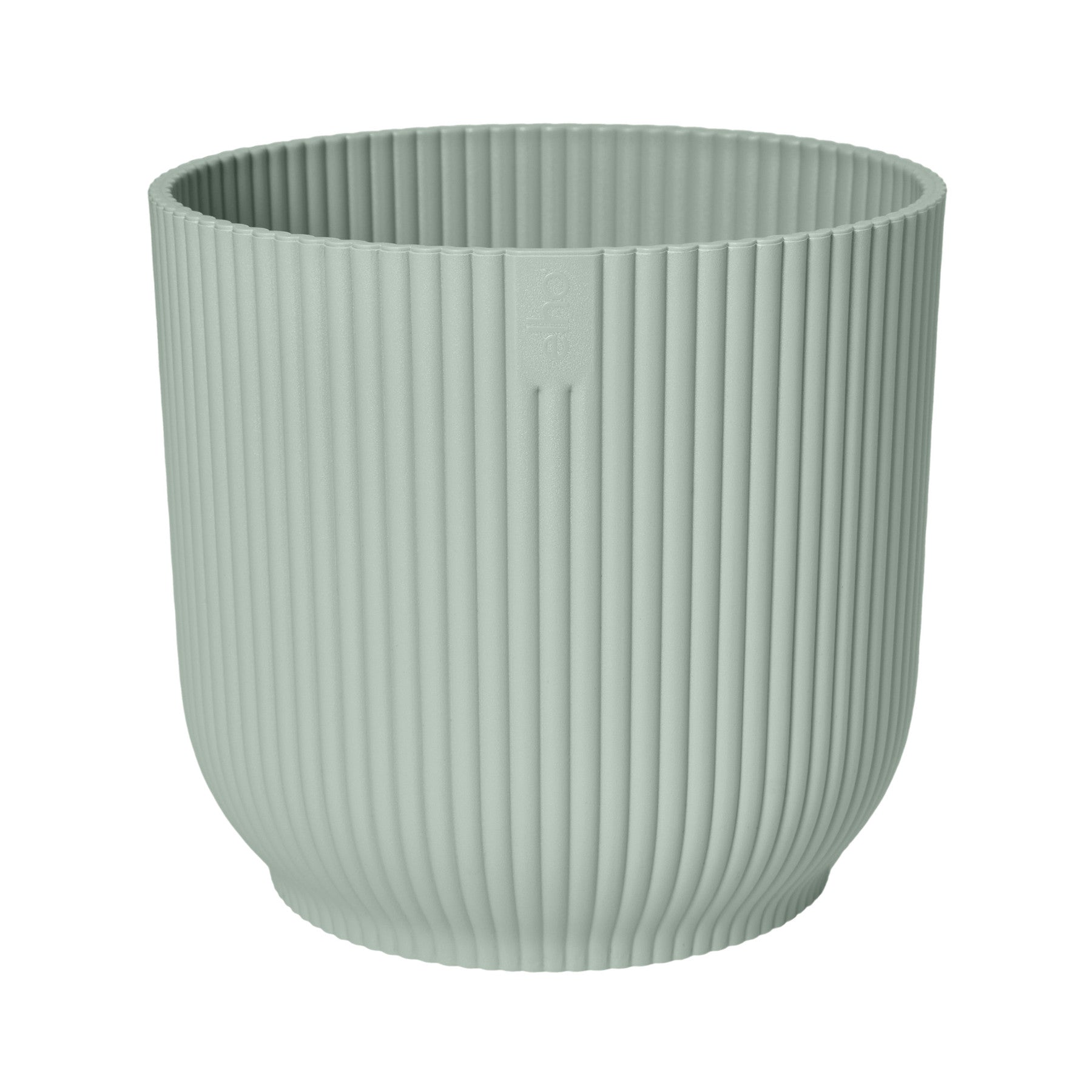 Sage green ceramic planter with vertical ridges and embossed logo on side, modern home decor, empty round pot for indoor plants