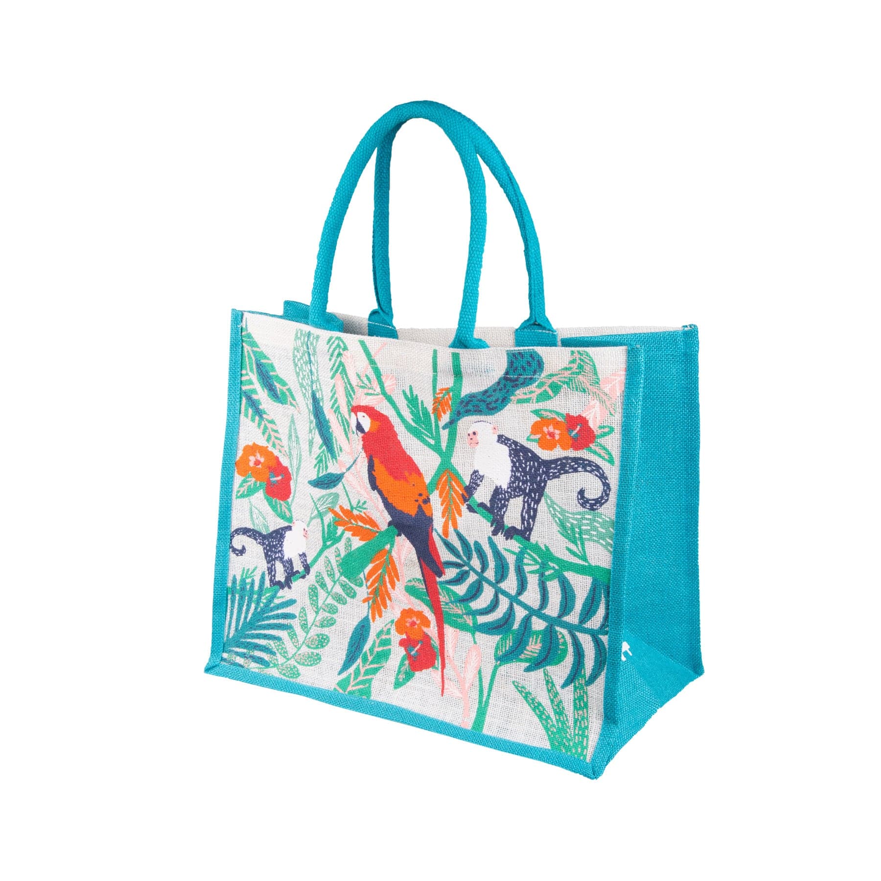 Colorful tropical tote bag with parrot and leopard print design on white background