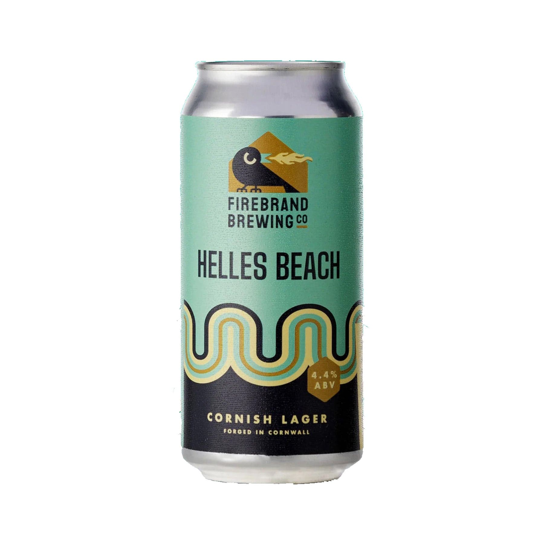 Firebrand Brewing Co Helles Beach Cornish Lager beer can with 4.4% ABV, refreshing alcoholic beverage forged in Cornwall, aqua blue can design with wave pattern