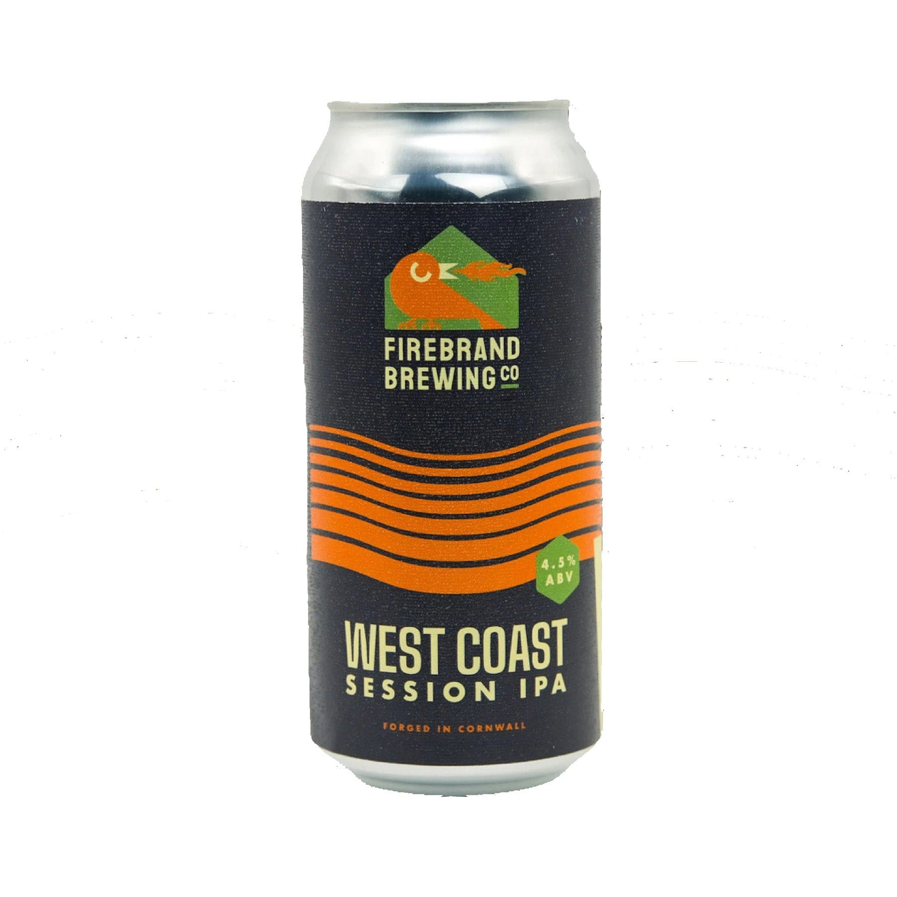 Firebrand Brewing Co West Coast Session IPA craft beer can with logo and orange wave design on a white background