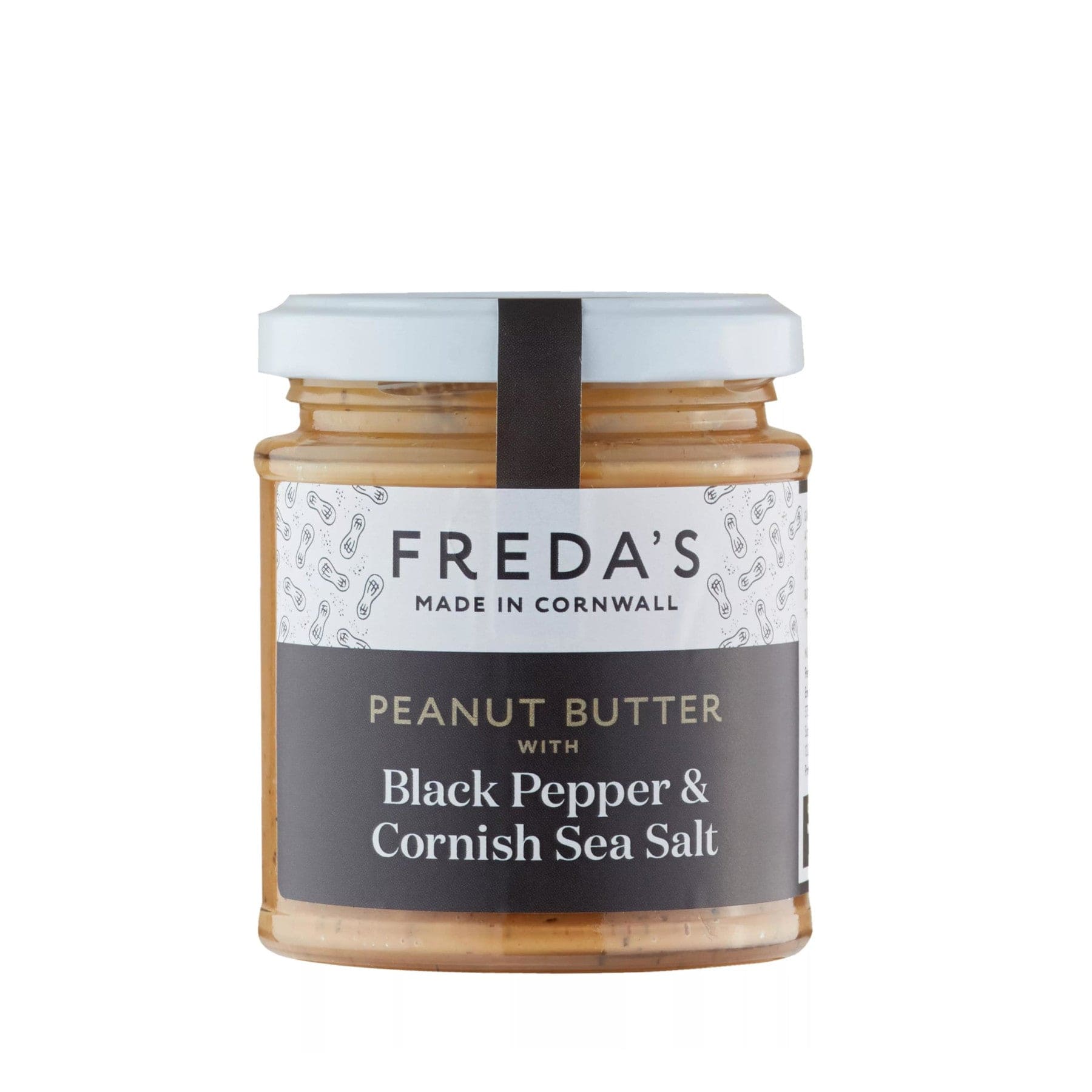 Freda's Peanut Butter with Black Pepper and Cornish Sea Salt, glass jar product packaging on a white background.