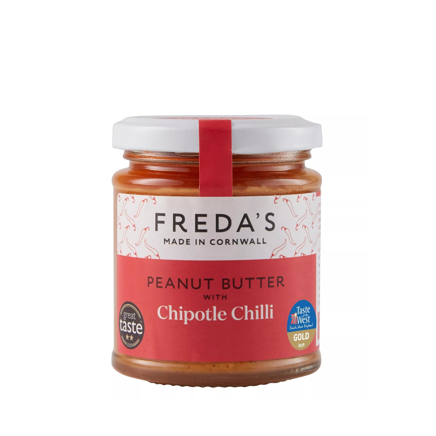 Freda's Cornwall Peanut Butter with Chipotle Chilli Jar, Award-winning Gourmet Spread, Isolated on White Background