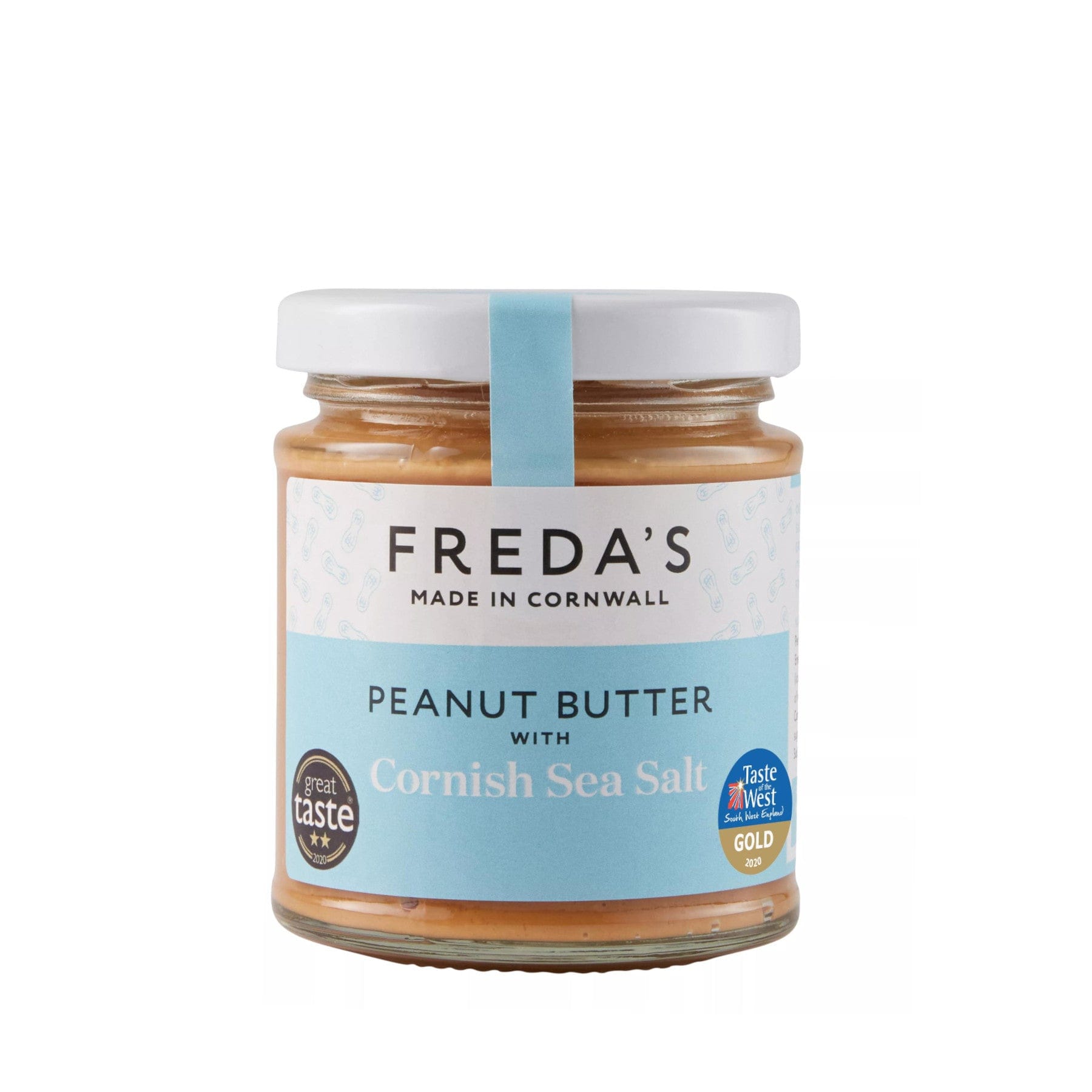 Freda's Peanut Butter with Cornish Sea Salt in a glass jar, made in Cornwall, featuring Great Taste and Taste of the West Gold 2018 awards badges.