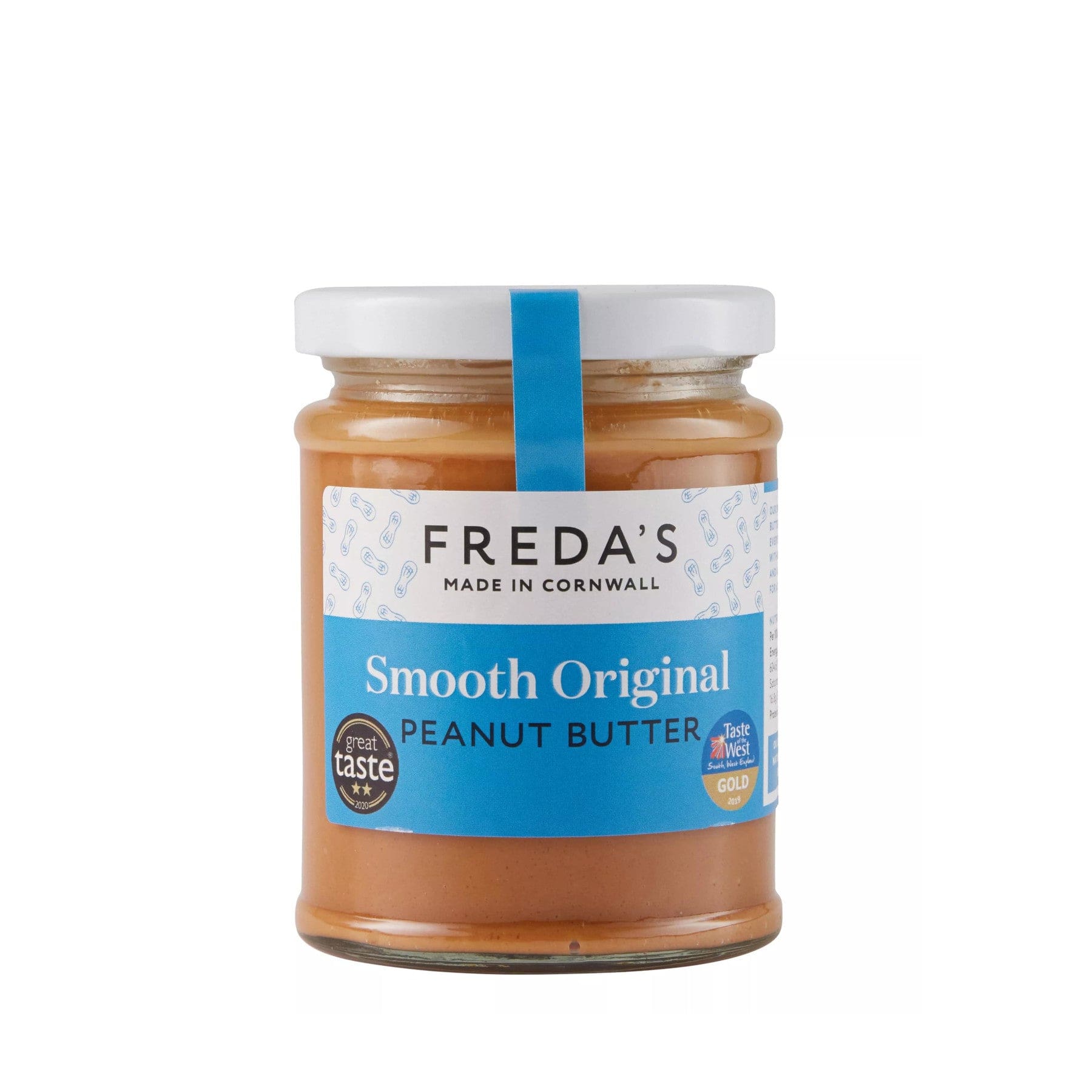 Freda's Smooth Original Peanut Butter jar with blue label, Great Taste award emblem on white background