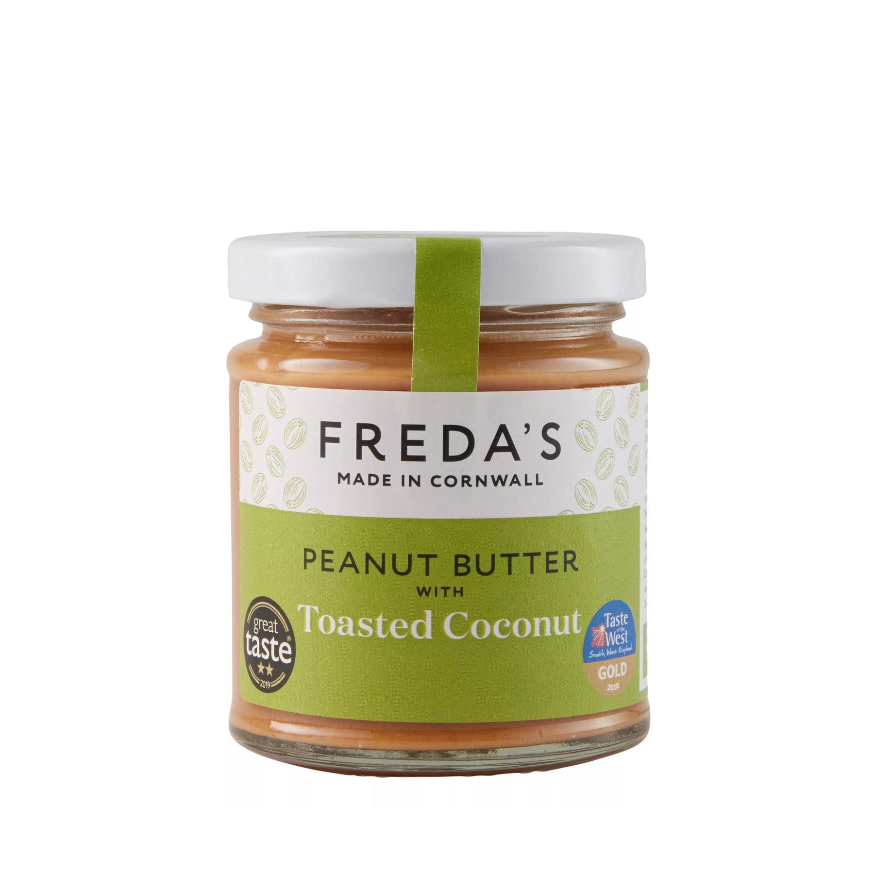 Freda's made in Cornwall peanut butter with toasted coconut jar, Great Taste Award gold winner badge, isolated on white background