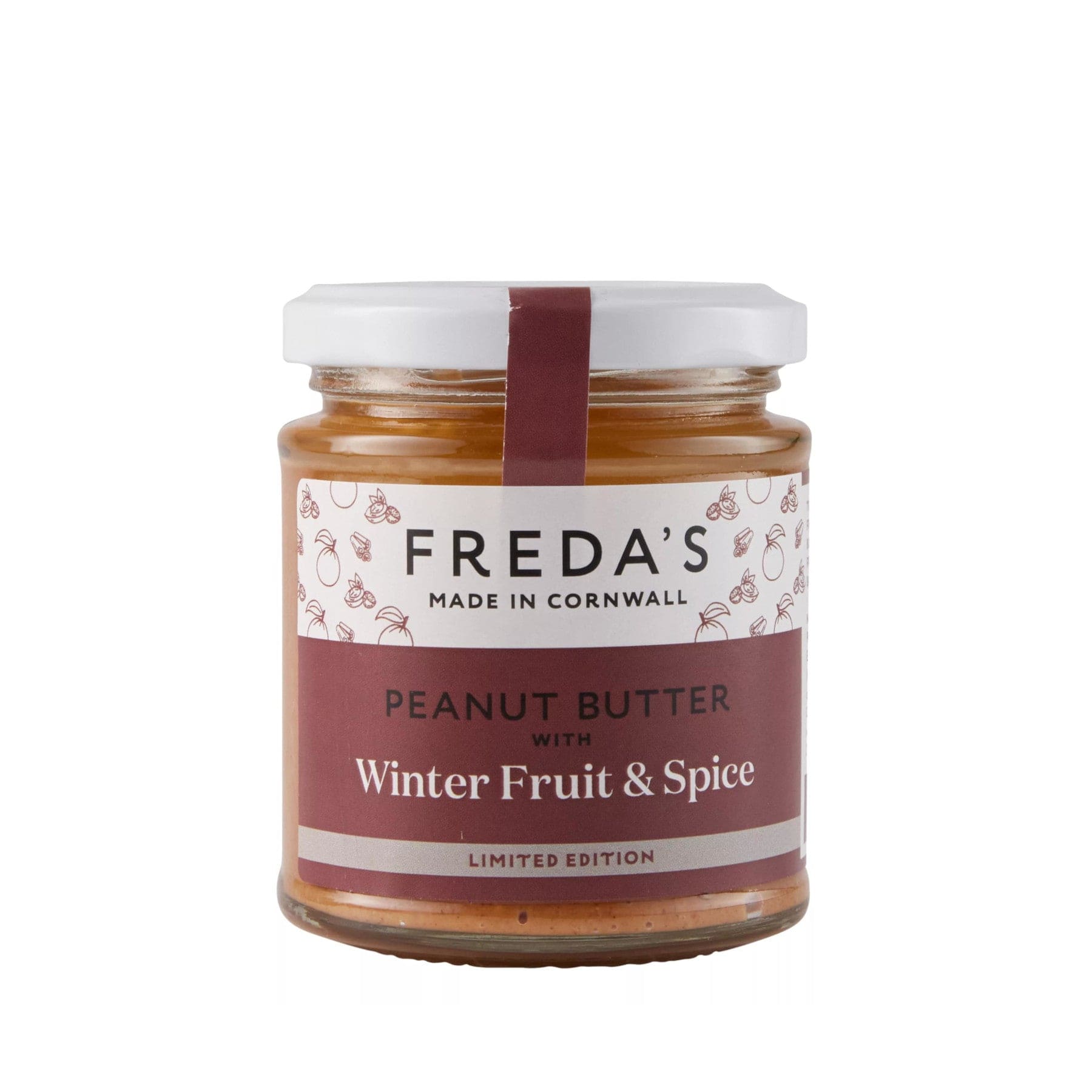 Jar of Freda's limited edition peanut butter with winter fruit and spice, made in Cornwall, with white cap and maroon label on a white background.