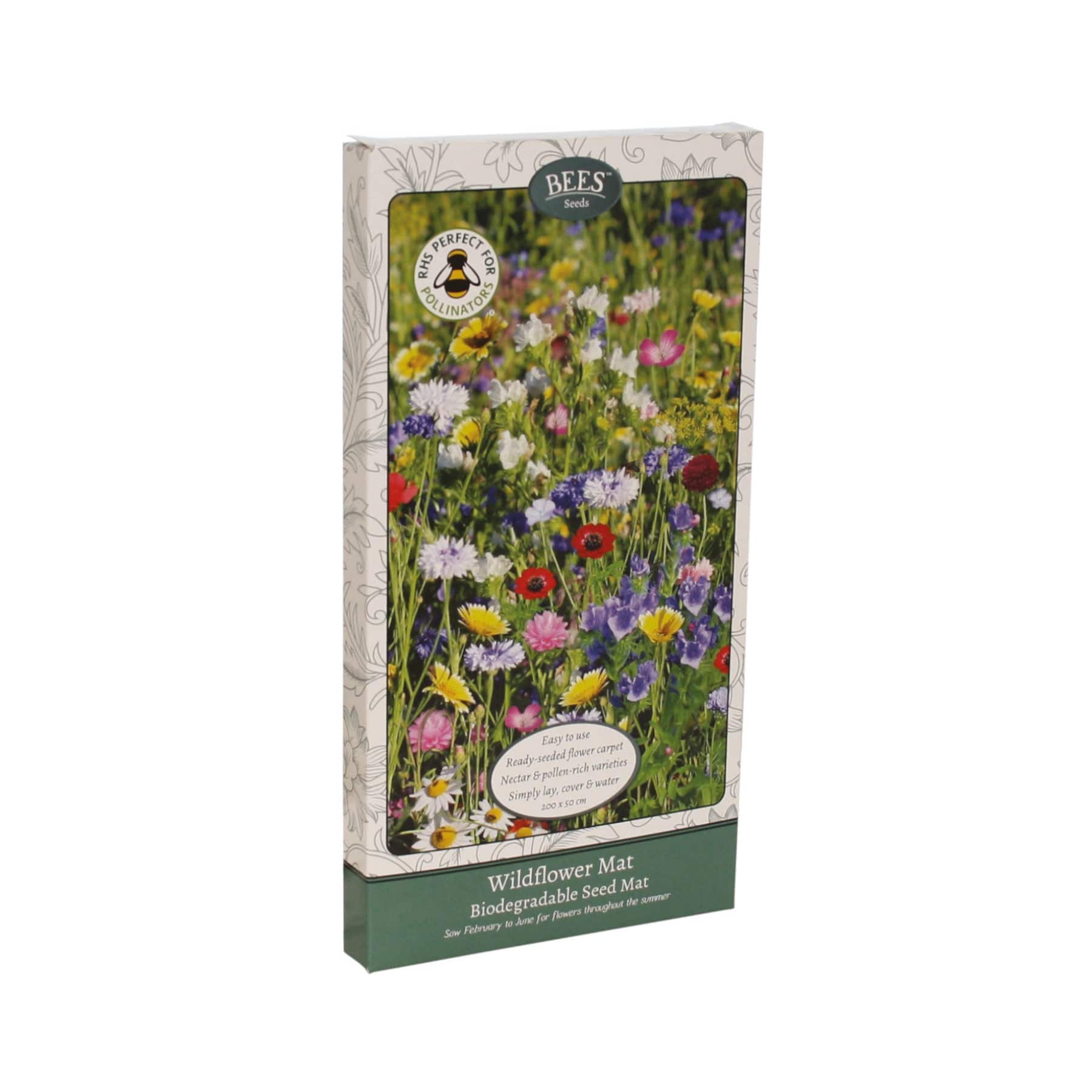 Wildflower seed mat packaging with vibrant field of various flowers, bee-friendly garden product, biodegradable seed mat, easy to use, perfect for pollinators