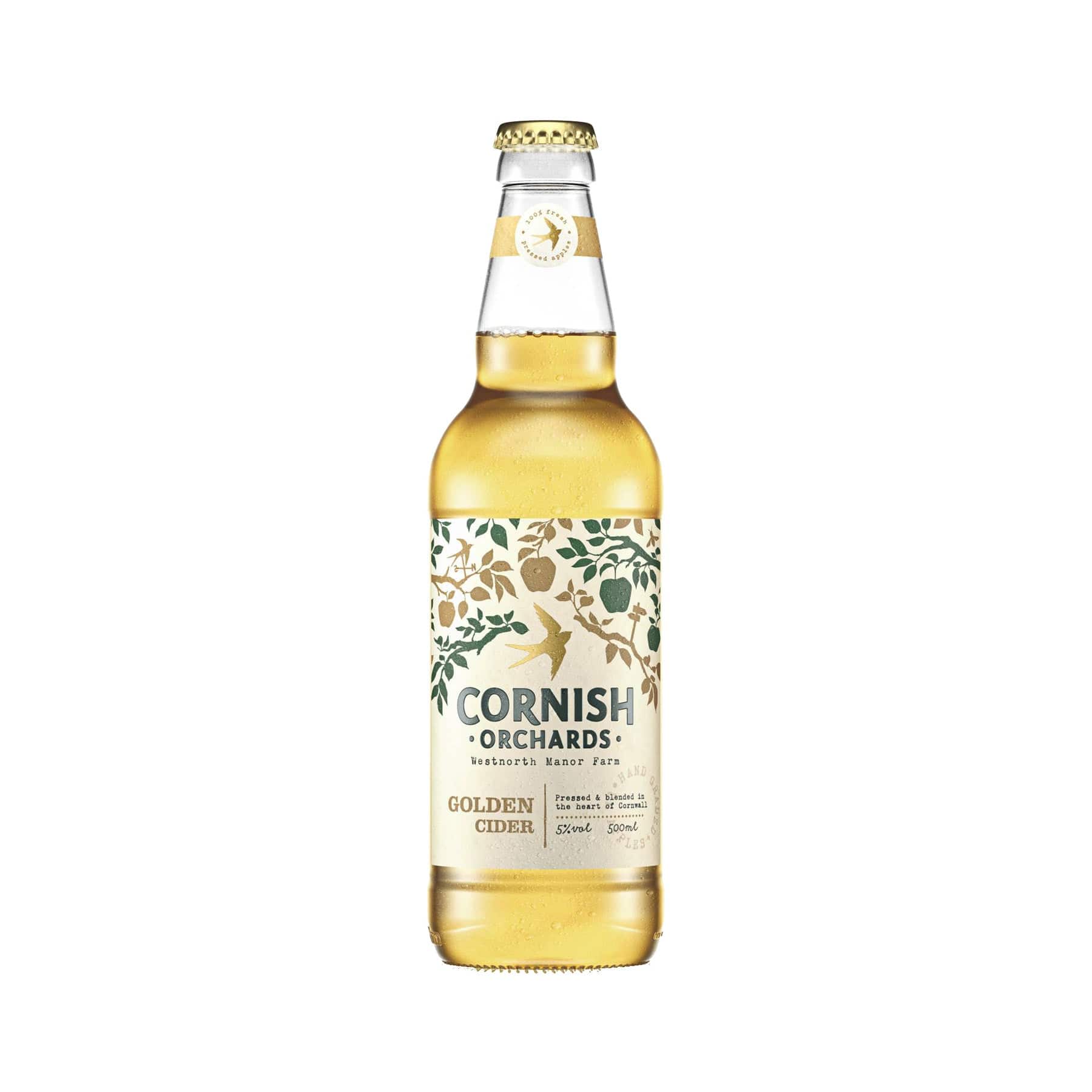 Cornish Orchards Golden Cider bottle, cold refreshing alcoholic beverage, premium craft cider from Westnorth Manor Farms, detailed label design with apple orchard illustration, isolated on white background