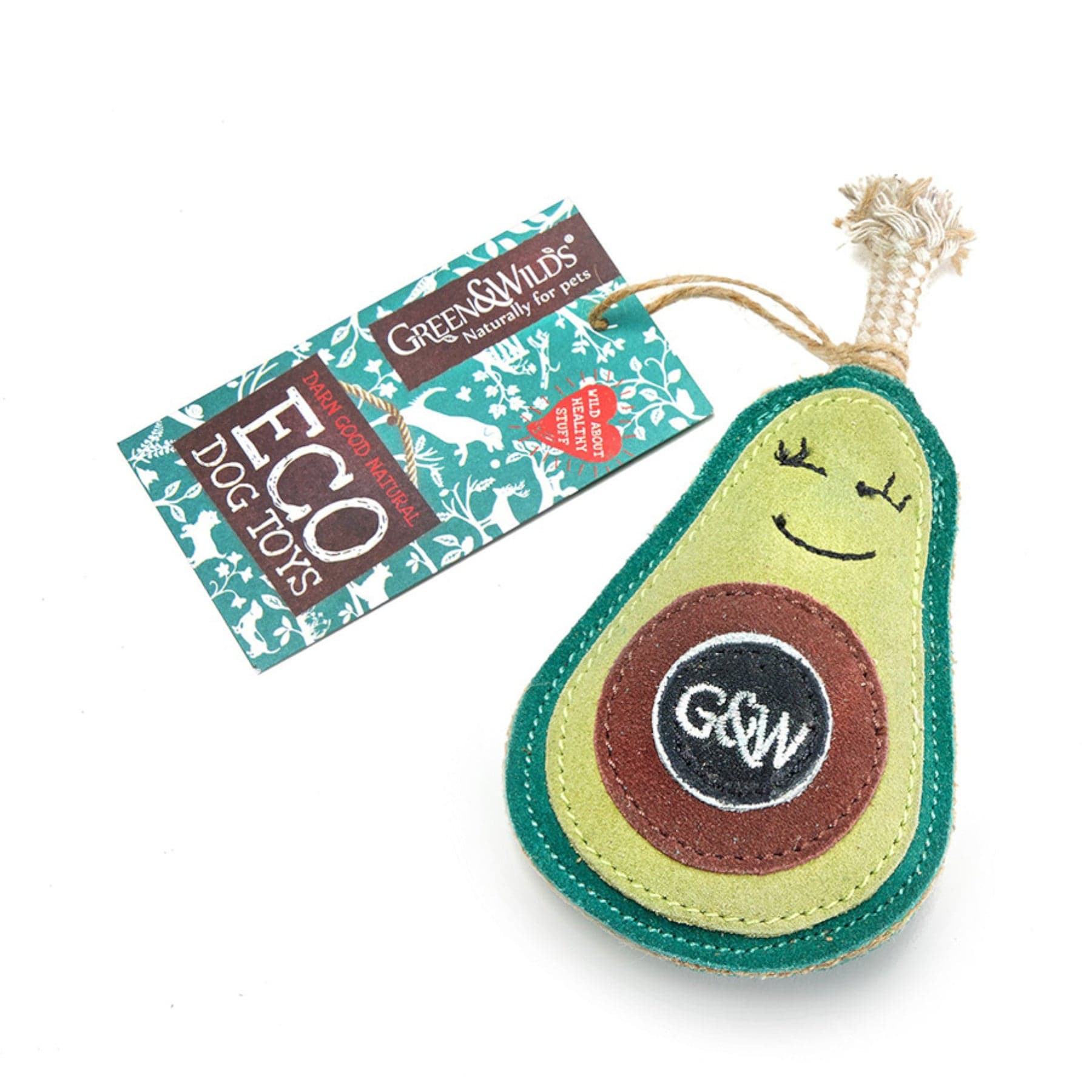 Eco-friendly avocado-shaped dog toy with happy face and Green & Wilds branding tag indicating natural pet products