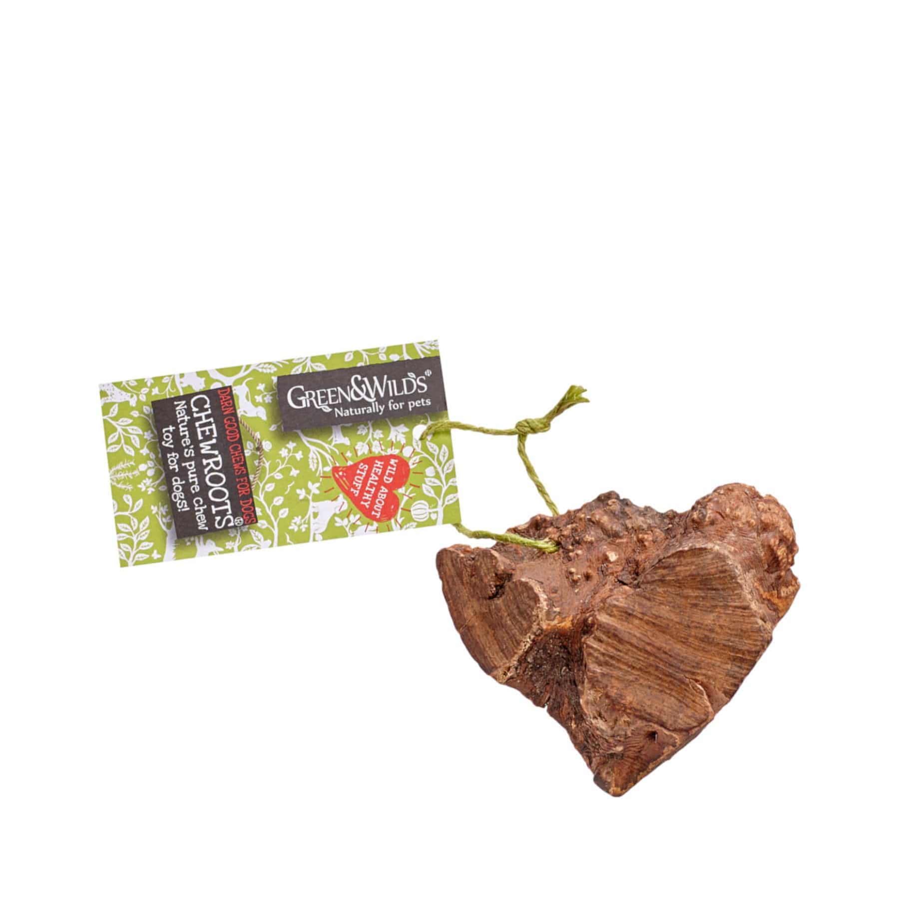 Organic chew root toy for pets by Green & Wild's, eco-friendly natural wood chew for dog dental health, sustainable pet product with packaging.