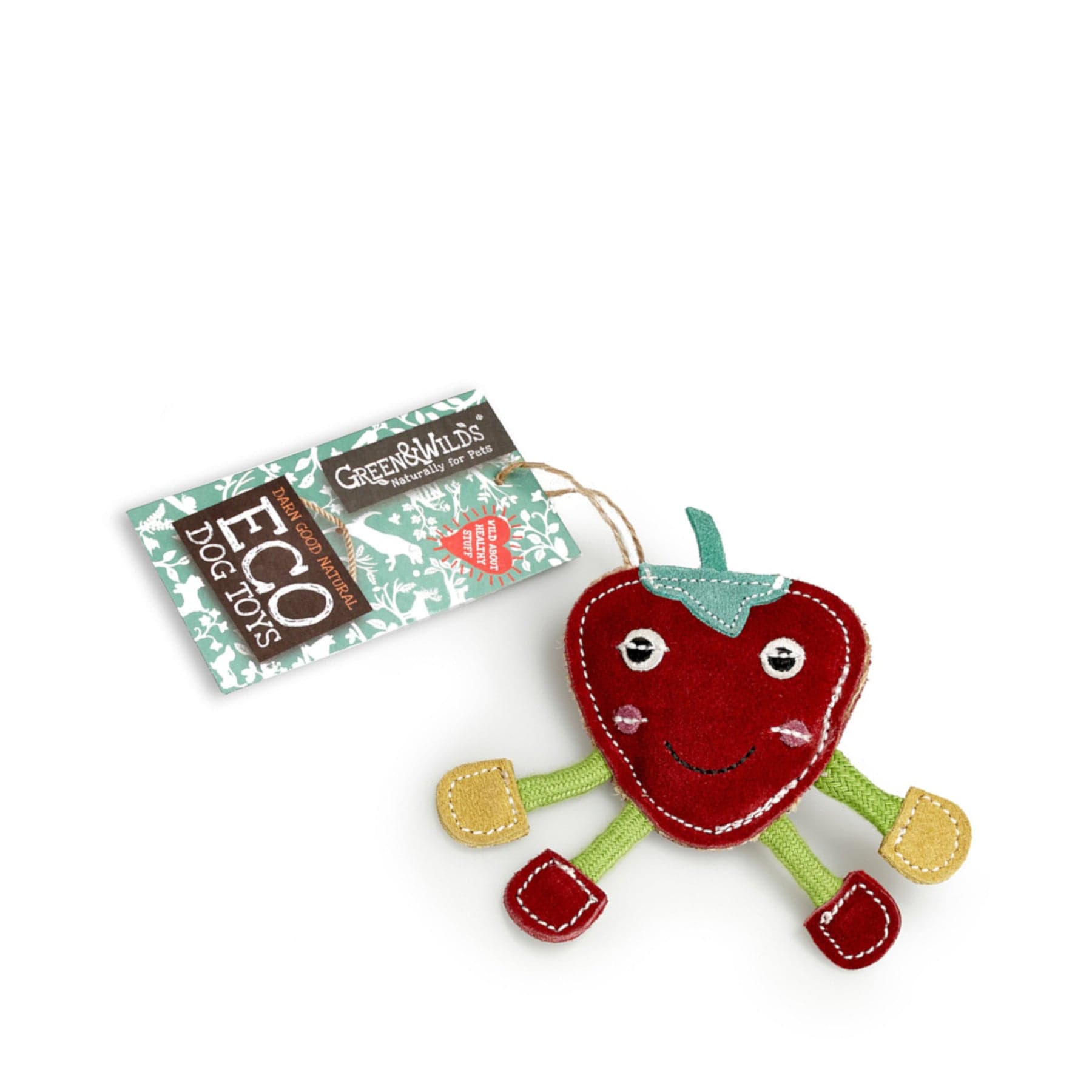 Eco-friendly red strawberry plush dog toy with Green&Wilds tag, sustainable pet products, isolated on white background