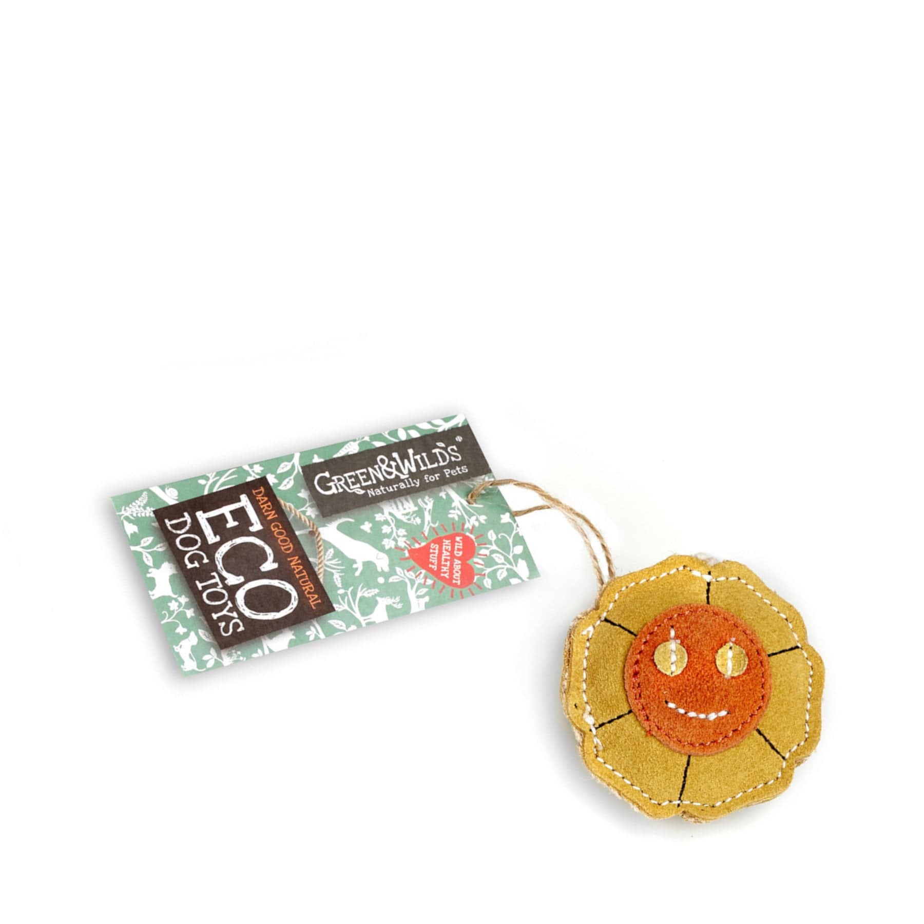 Eco-friendly dog toy with a smiling flower design and Green & Wilds packaging on a white background.