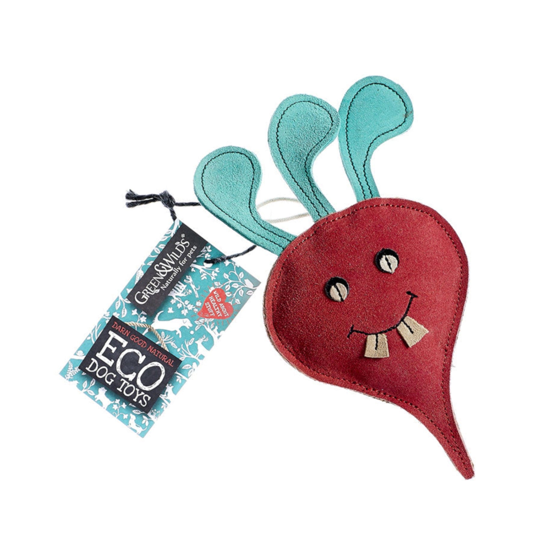 Eco-friendly red and teal dog toy with smiling face, durable fabric, sustainable pet supplies, GreenWinds branding tag attached.