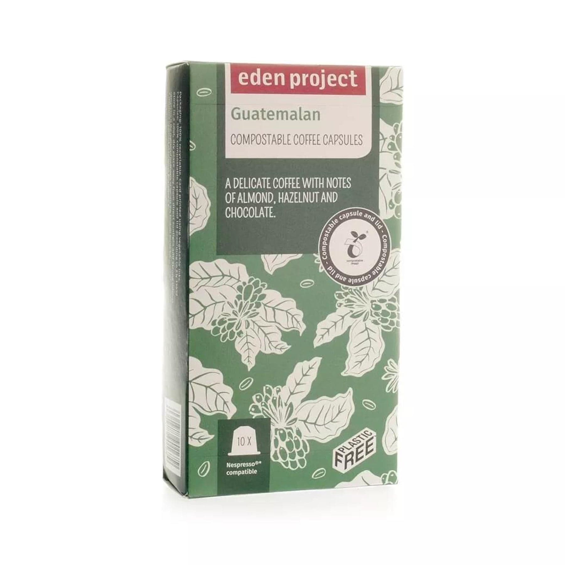 Alt text: Eden Project branded Guatemalan compostable coffee capsules packaging with green leafy design, indicating almond, hazelnut, and chocolate flavors, 10 Nespresso compatible pods highlighted, plastic-free.