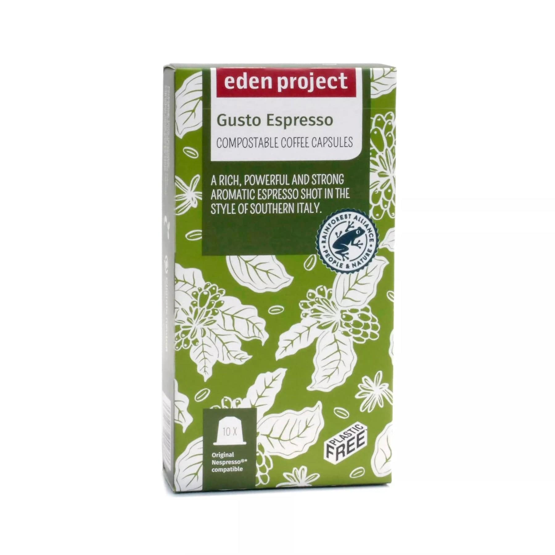 Eden Project Gusto Espresso compostable coffee capsules packaging, with Rainforest Alliance Certification, featuring floral design, highlighting aromatic espresso style of Southern Italy and Nespresso compatibility.