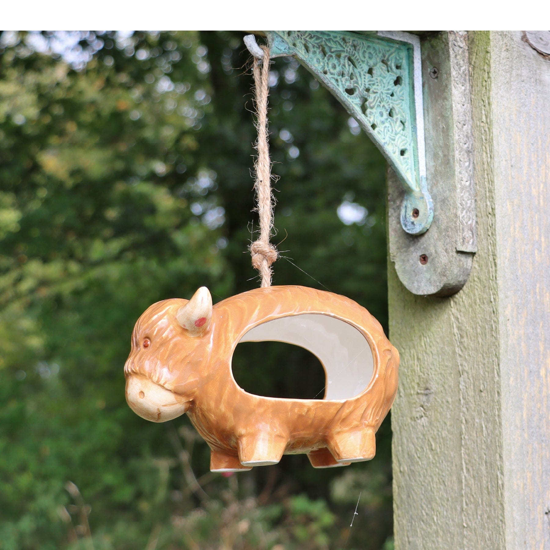 'Hairie' hanging ceramic highland cow bird feeder