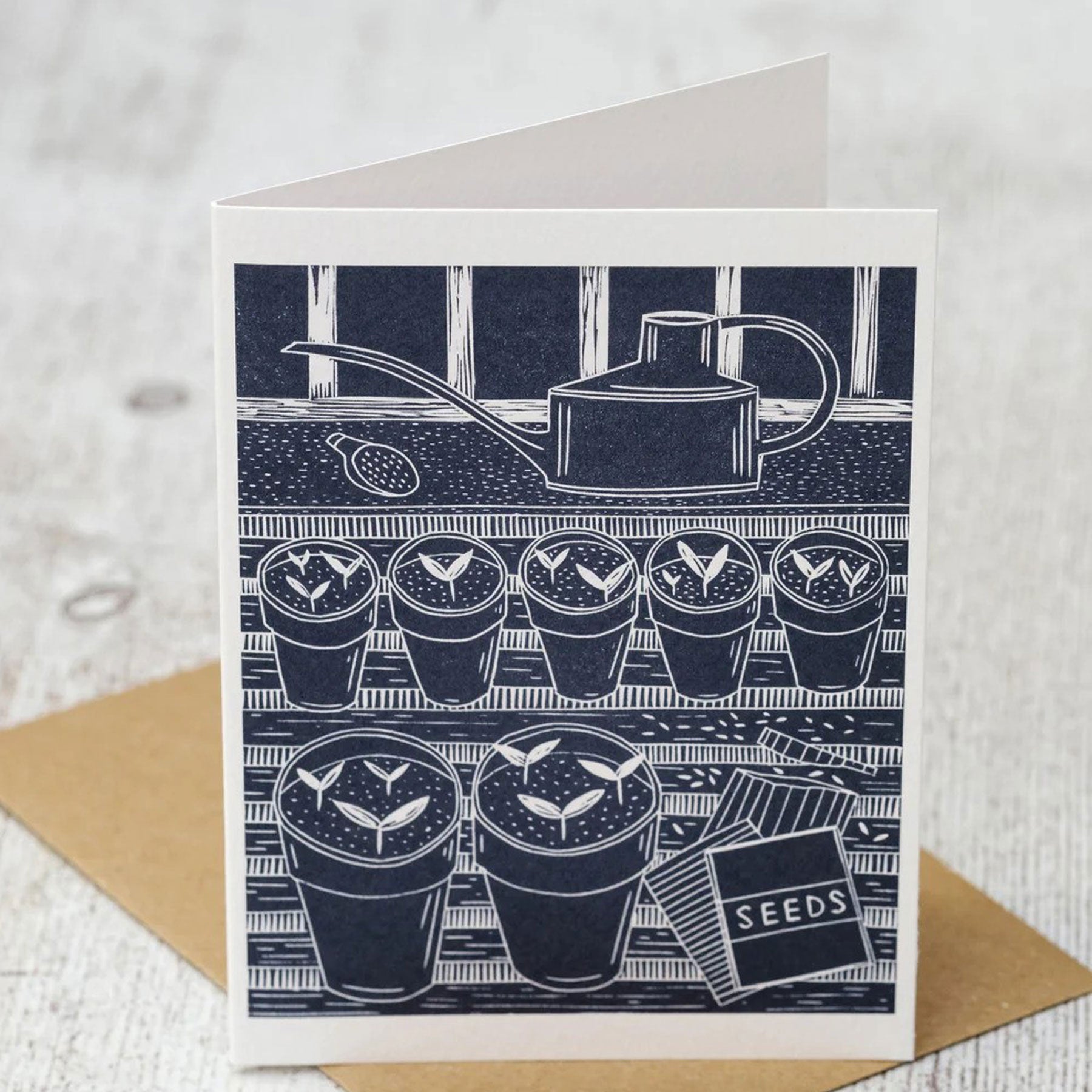 In the potting shed greetings card