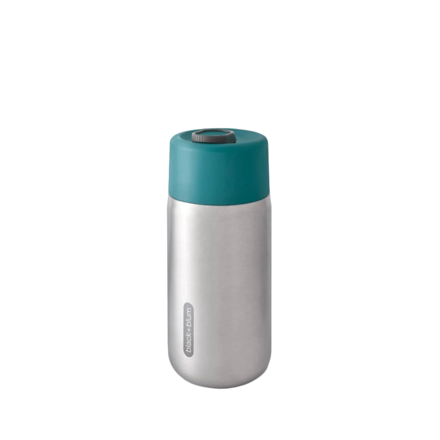 Stainless steel insulated water bottle with teal lid on white background