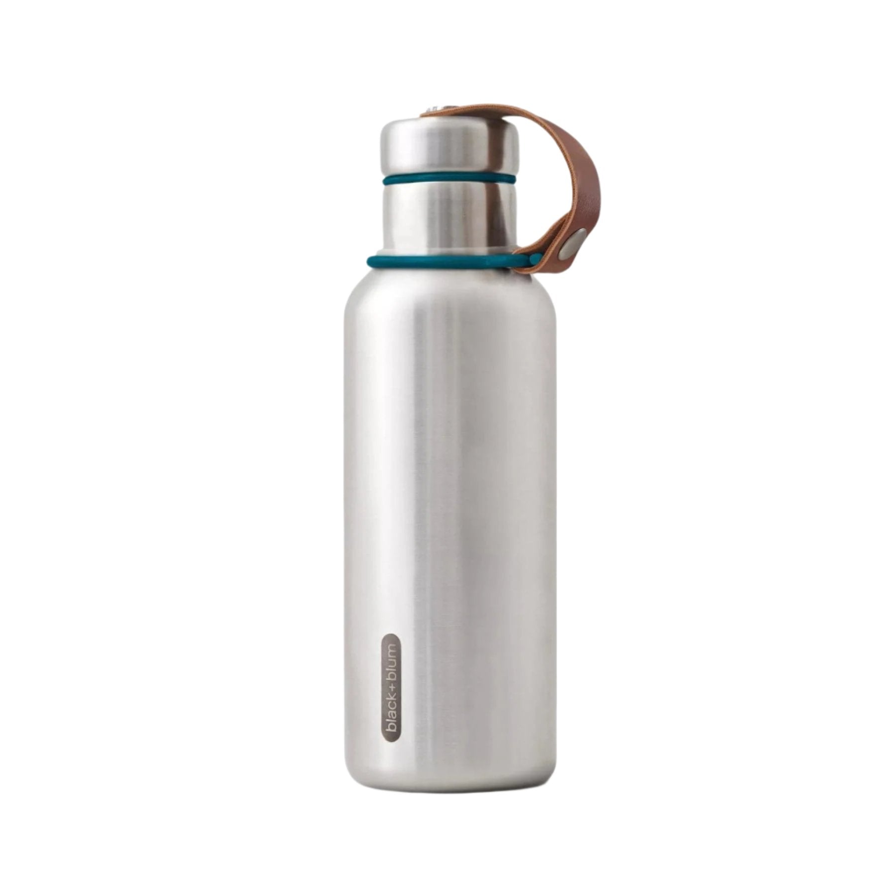 Stainless steel insulated water bottle with leather carrying loop and teal silicone accents on white background