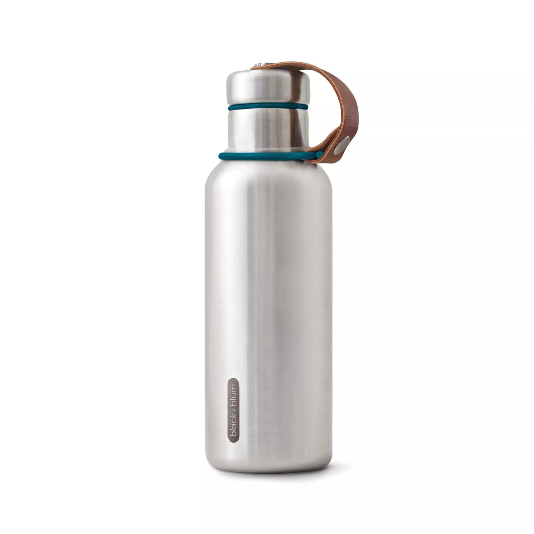 Stainless steel insulated water bottle with leather carrying loop and teal silicone accents on white background
