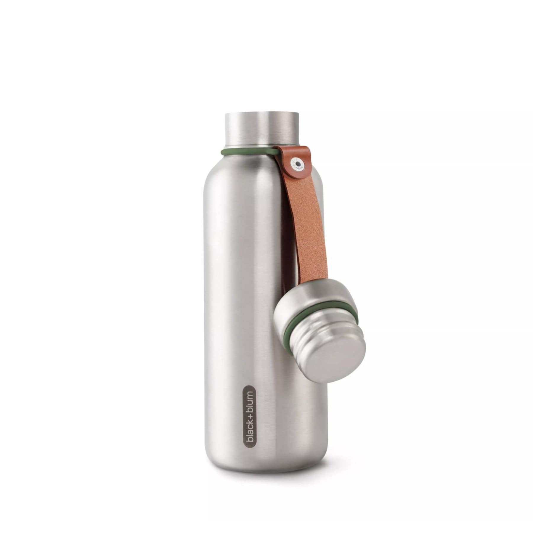 Stainless steel water bottle with leather strap, insulated, reusable and eco-friendly drinkware on a white background