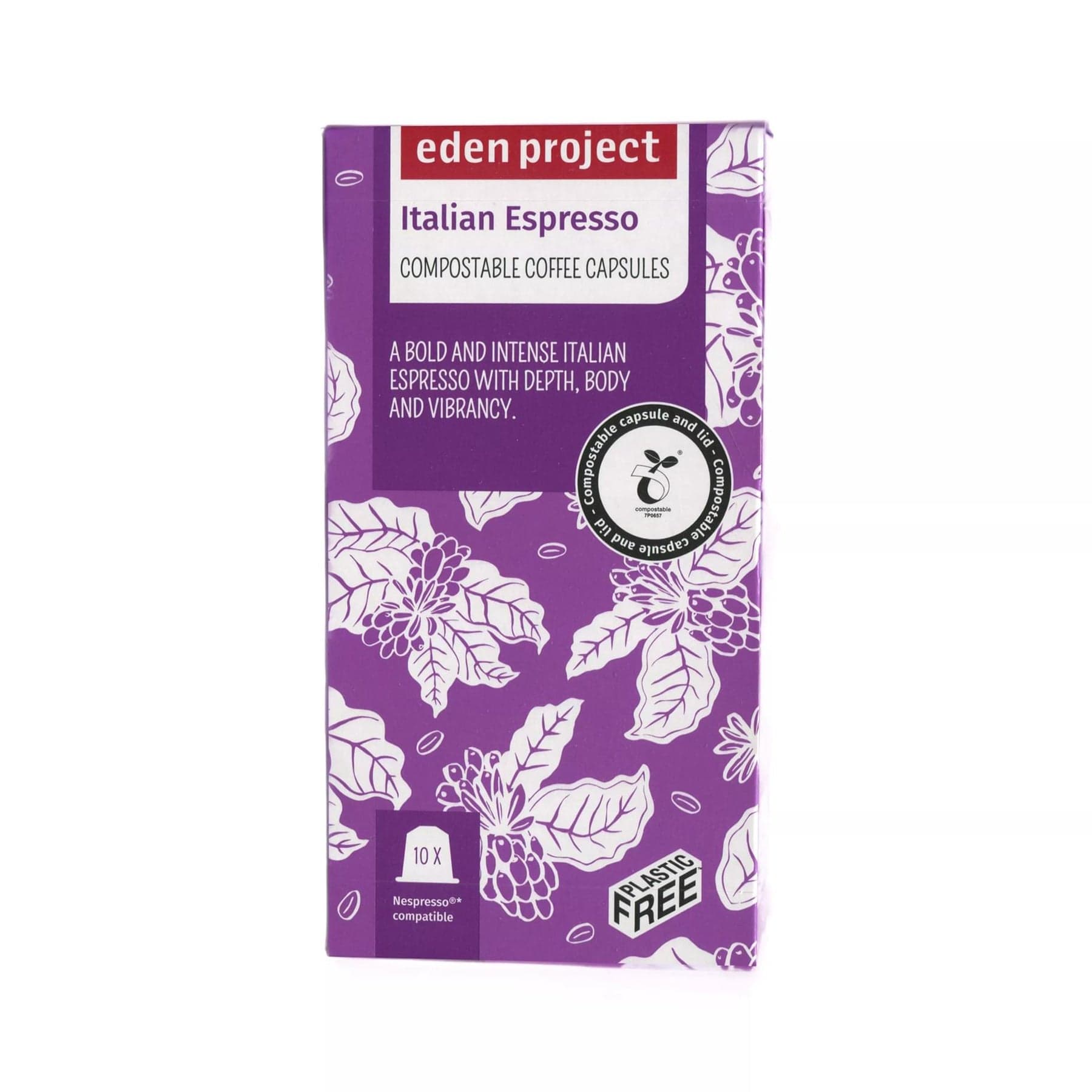 Eden Project Italian Espresso compostable coffee capsules packaging with eco-friendly plastic-free label and Nespresso compatibility note, featuring bold and intense espresso description.