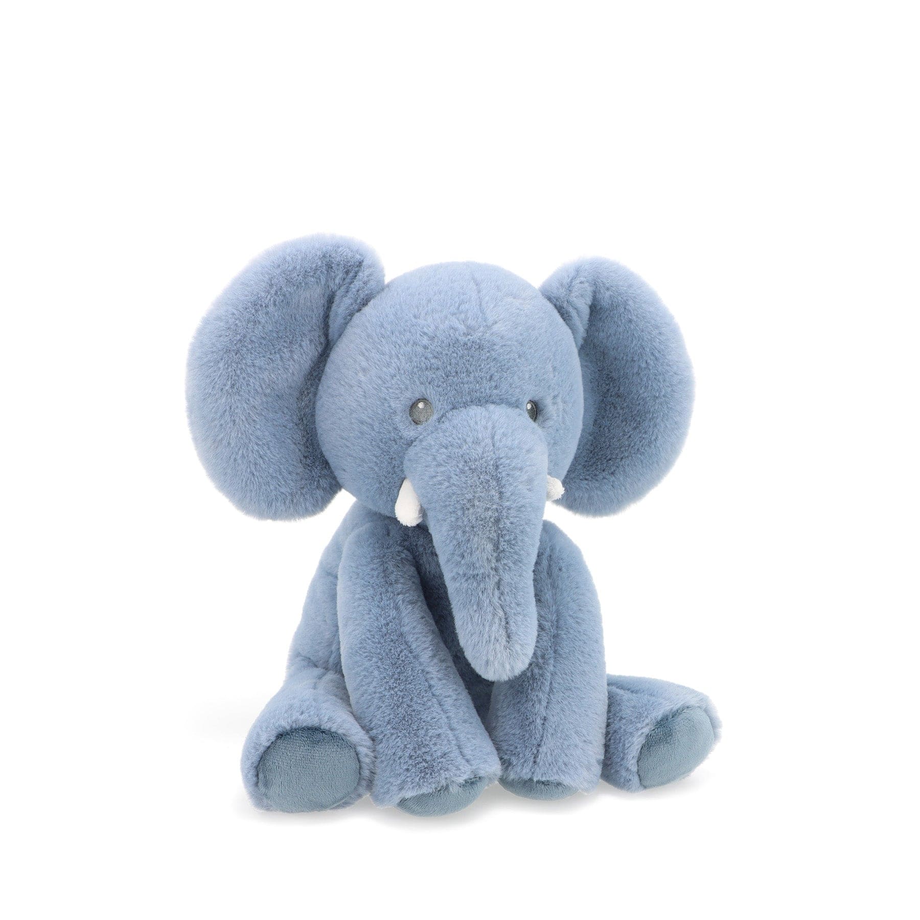 Blue plush elephant toy sitting isolated on white background, cute stuffed animal for children, soft velvety texture, large ears and tusks visible, friendly toy elephant, kid's playroom accessory.