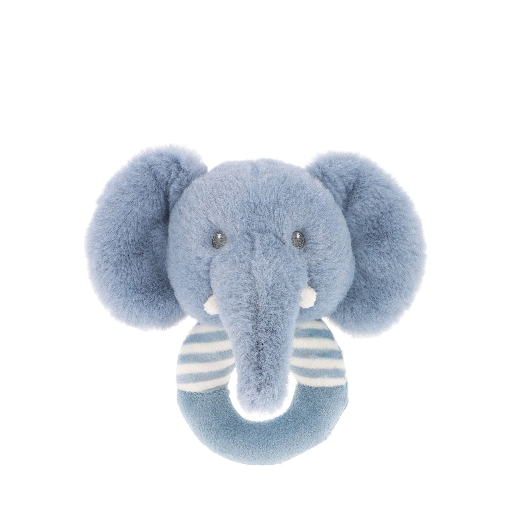 Blue plush elephant toy with striped ears and ring hanging loop on white background.