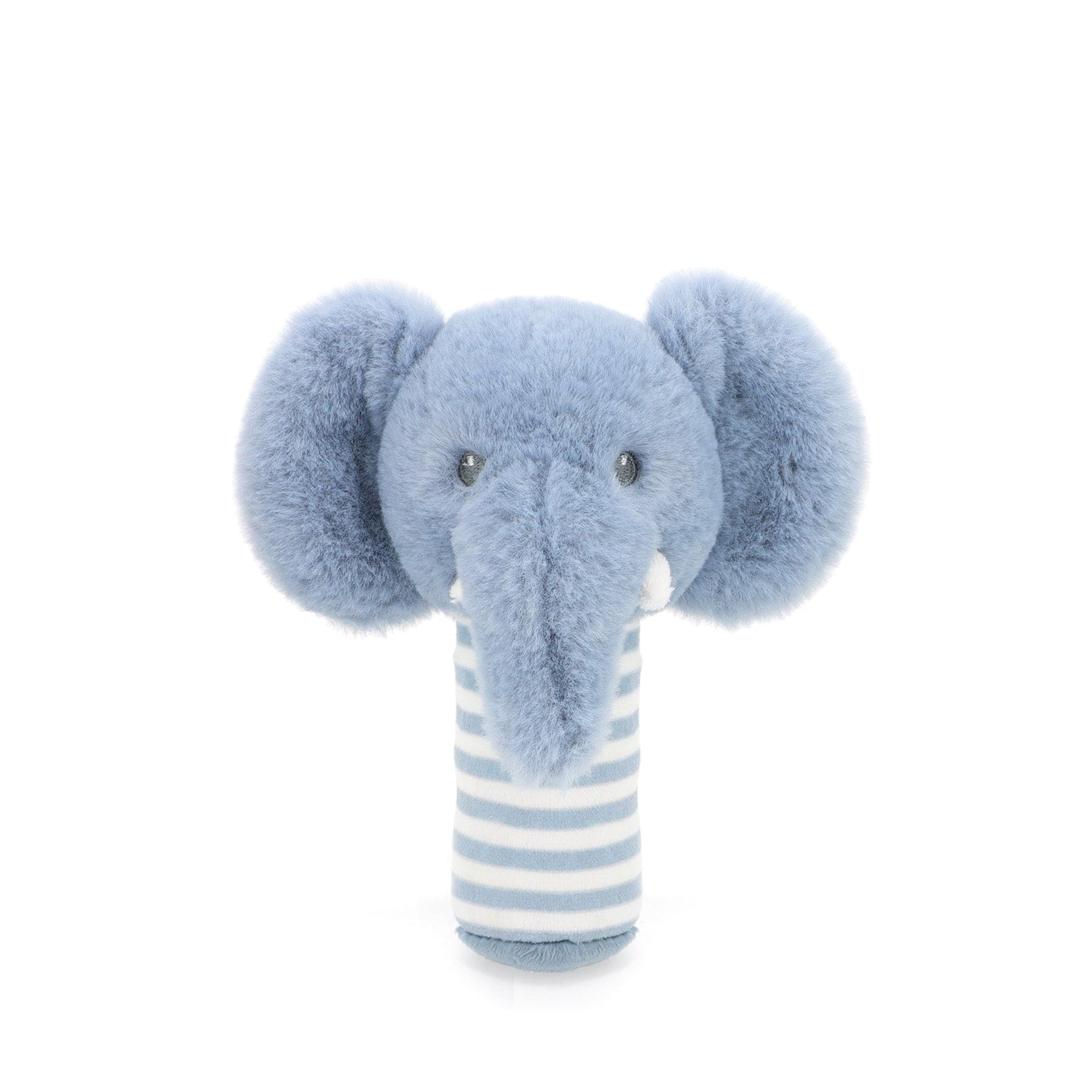 Blue plush elephant puppet with striped bottom on white background