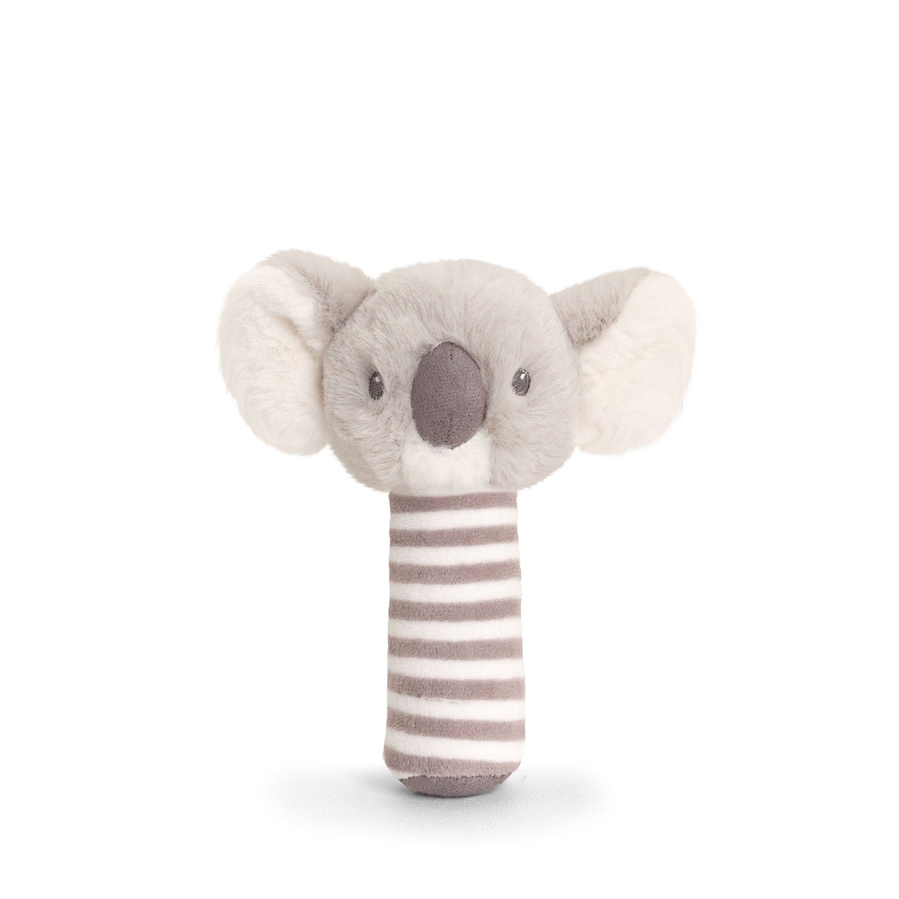 Plush koala toy with striped body and fluffy ears on white background