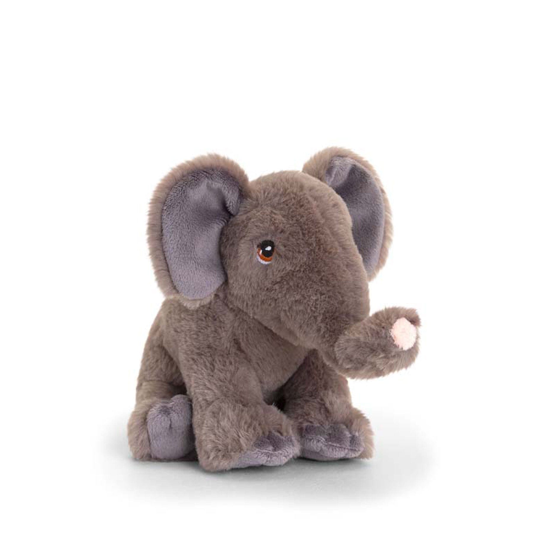 Plush elephant toy sitting on white background, cute stuffed animal, grey soft elephant for children, isolated plushie