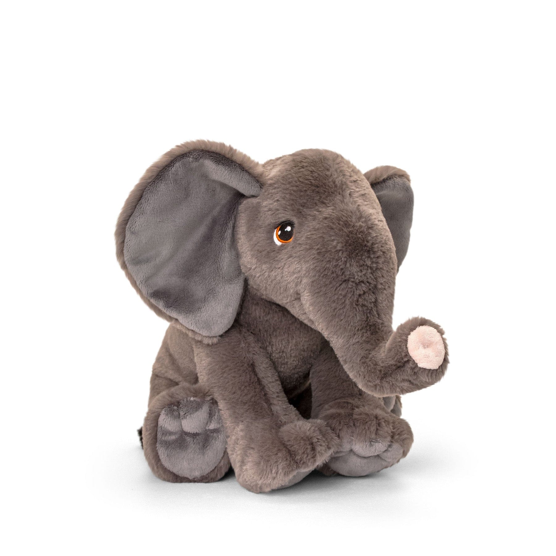 Plush elephant toy sitting isolated on white background, cute stuffed animal with large ears and realistic eyes, children's soft toy, grey elephant plushie