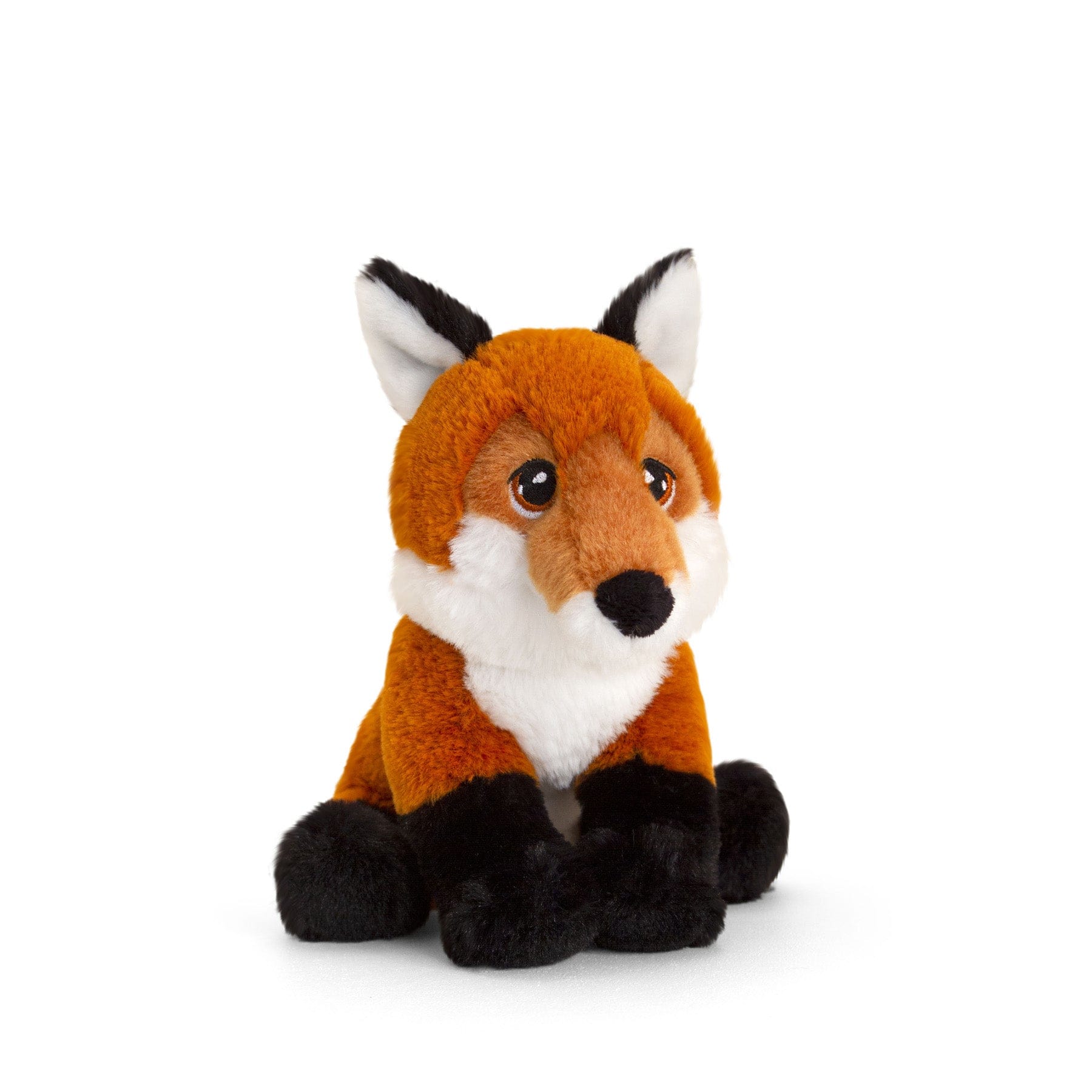 Plush fox toy, cute stuffed animal, soft toy fox, fluffy orange and black fox, children's toy, isolated on white background.