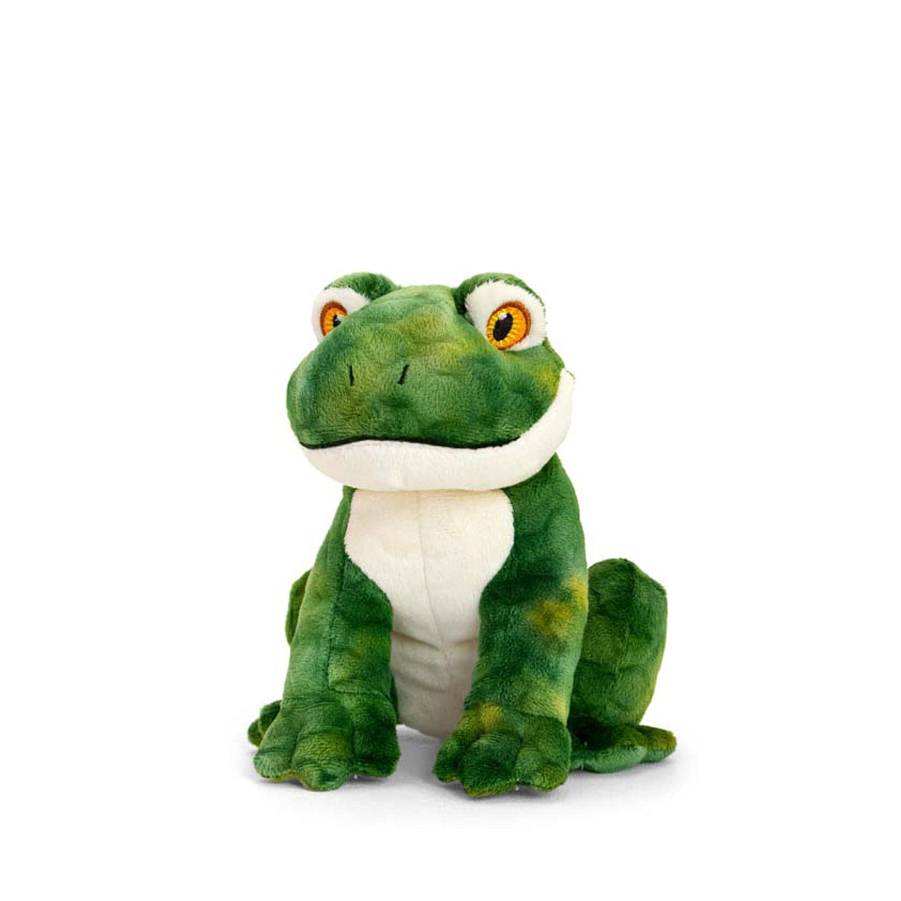 Green plush dinosaur toy sitting isolated on white background, cute stuffed animal, T-Rex soft toy for children