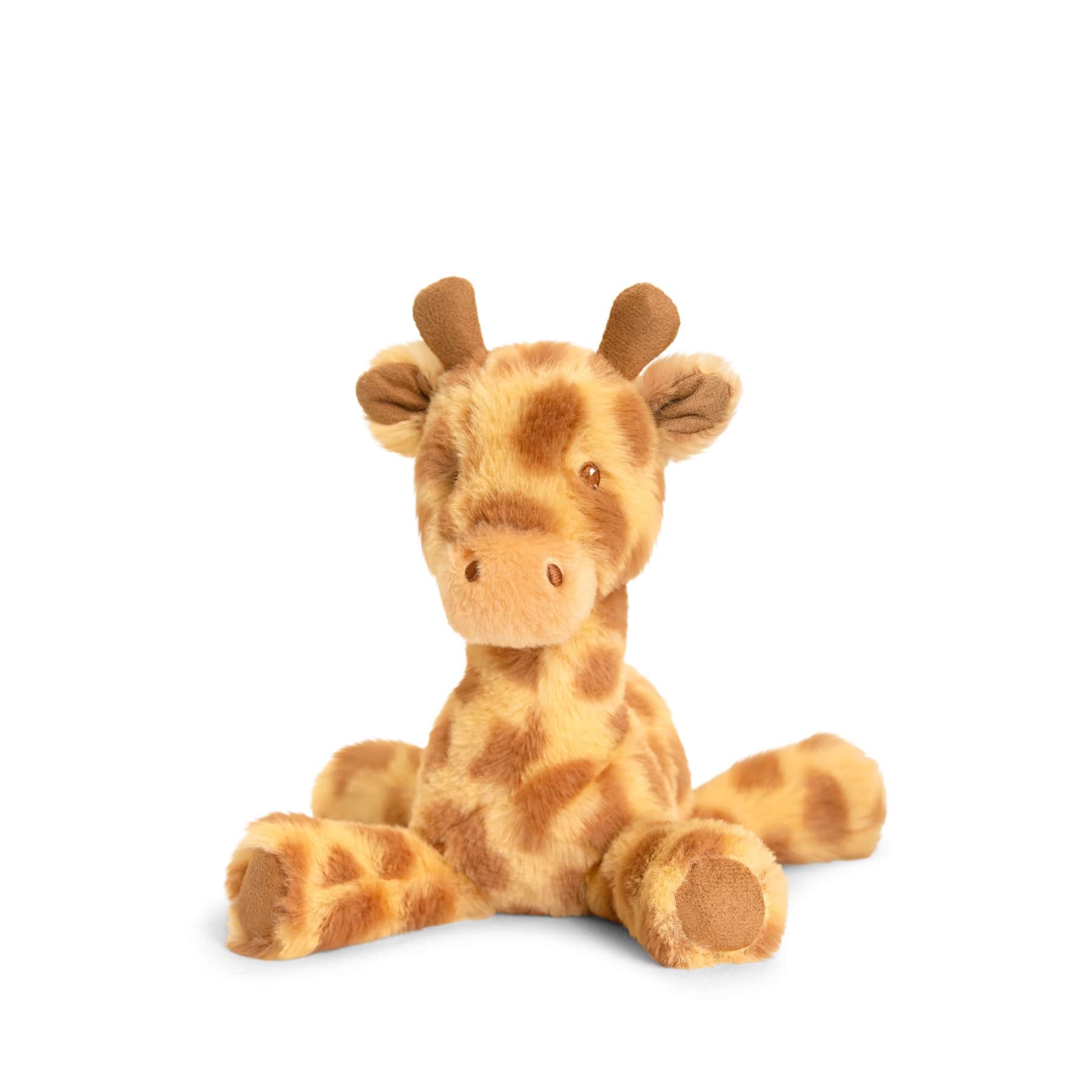 Plush giraffe toy sitting isolated on a white background