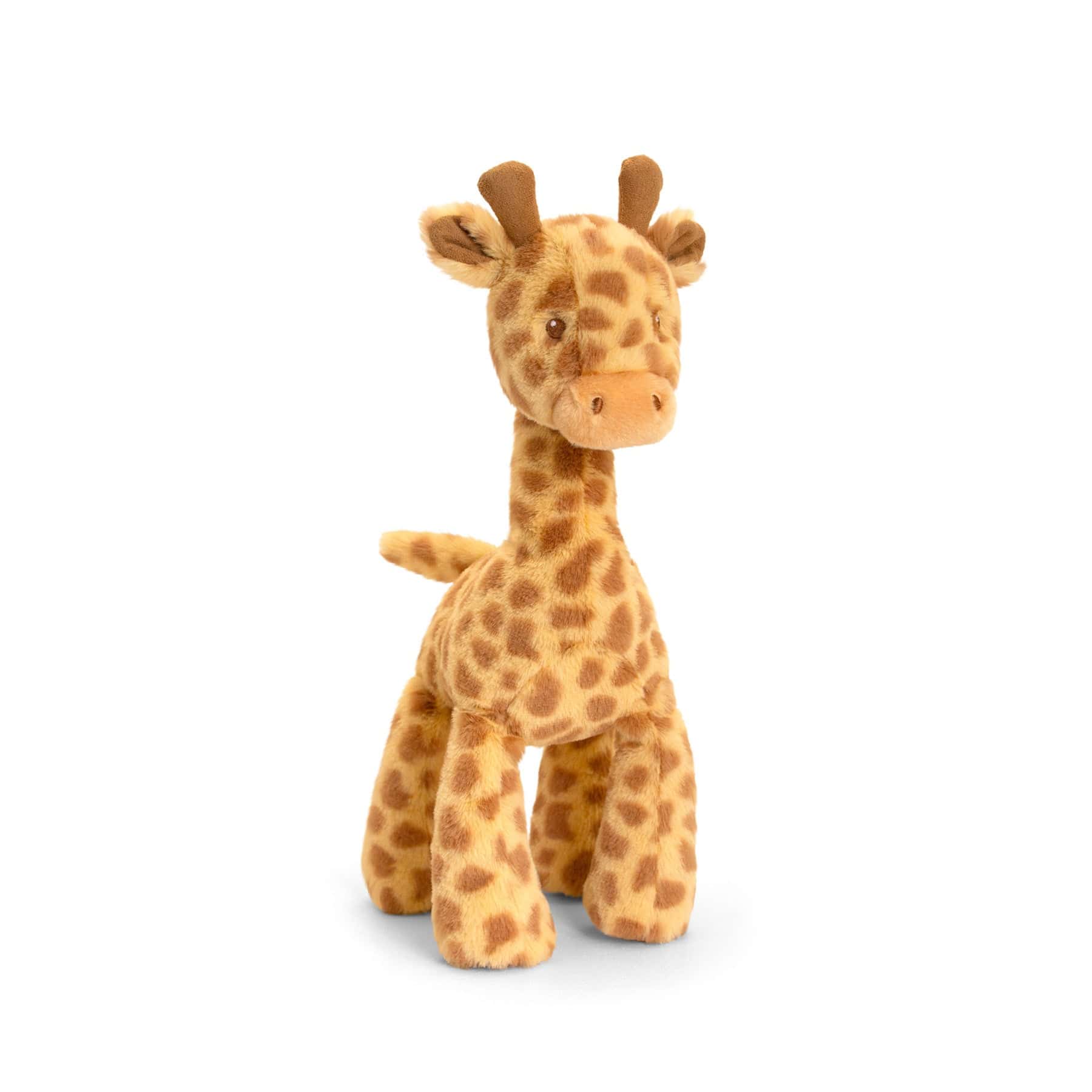 Plush giraffe toy with spotted fur standing isolated on white background, soft stuffed animal for children.