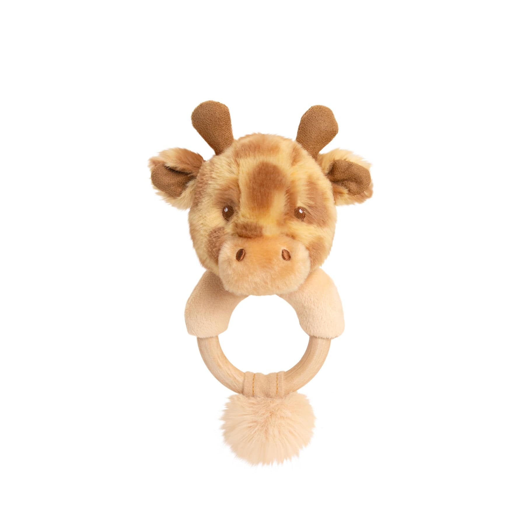 Plush giraffe toy rattle with wooden teething ring and soft fur tail isolated on white background