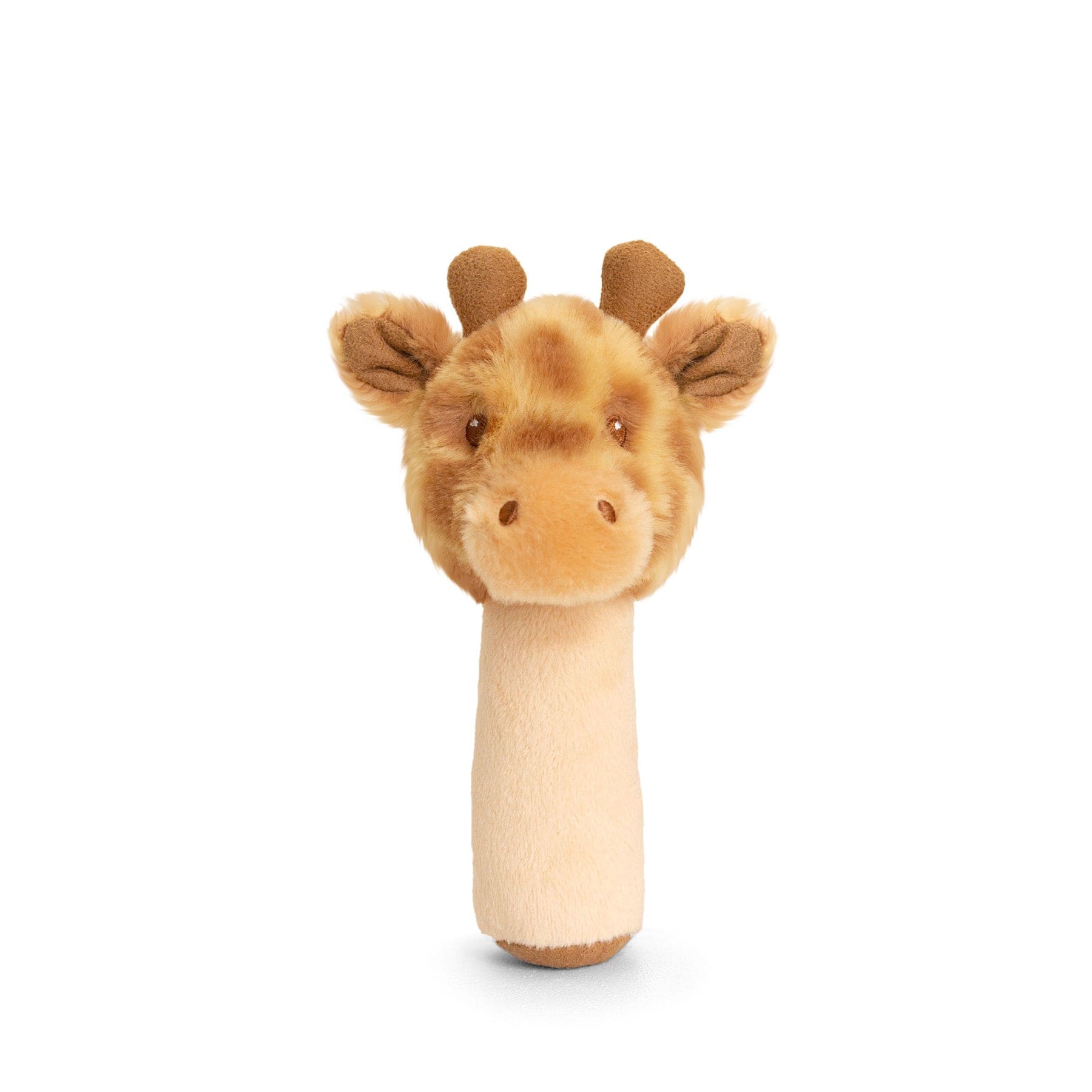 Plush giraffe toy isolated on white background, cute stuffed animal, children's toy giraffe, soft plaything with friendly face.