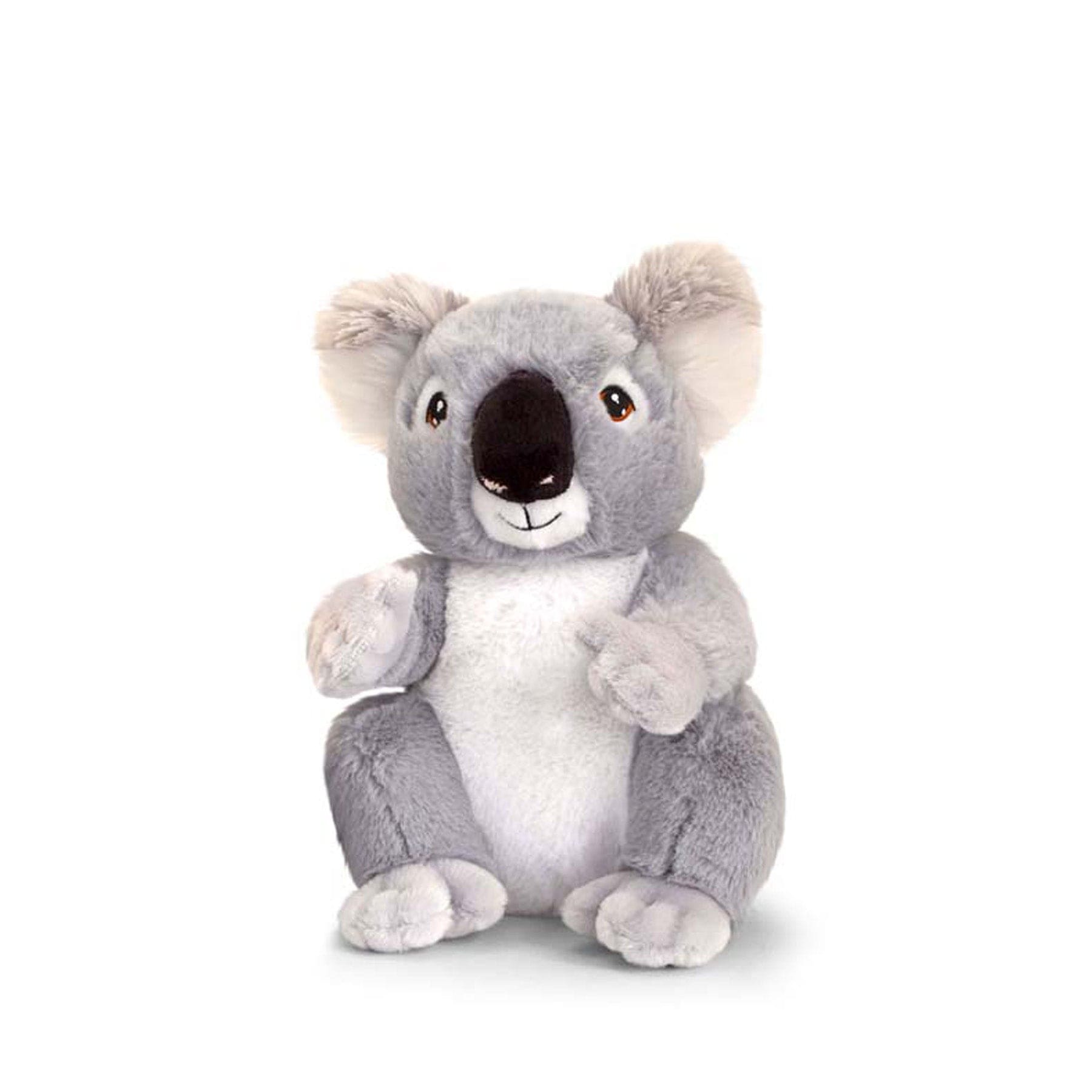 Plush koala toy sitting isolated on white background, cute stuffed animal, koala bear figure, soft toy for children, gray and white Australian marsupial.