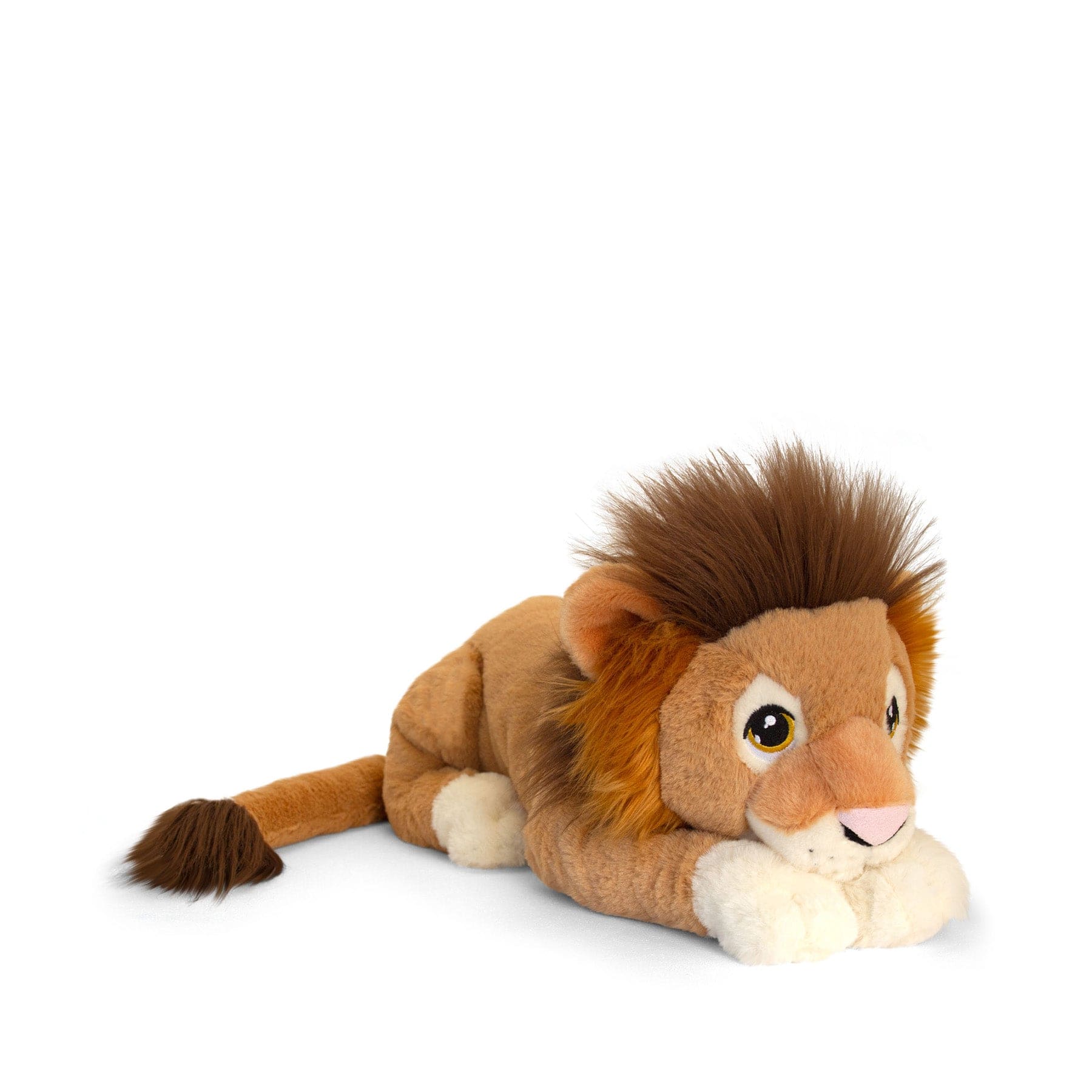 Plush lion toy lying down with fluffy mane on white background