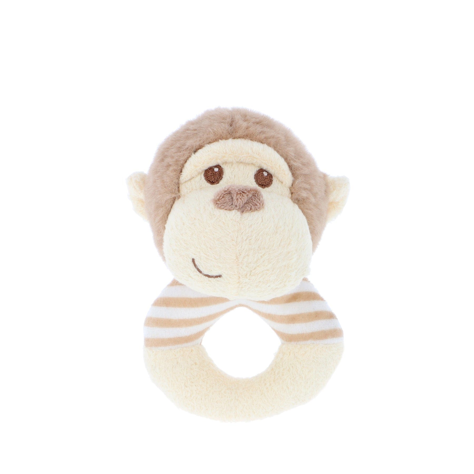 Plush monkey rattle toy, soft baby rattle, stuffed animal monkey with striped ring, infant toy, nursery decor, cute plushie