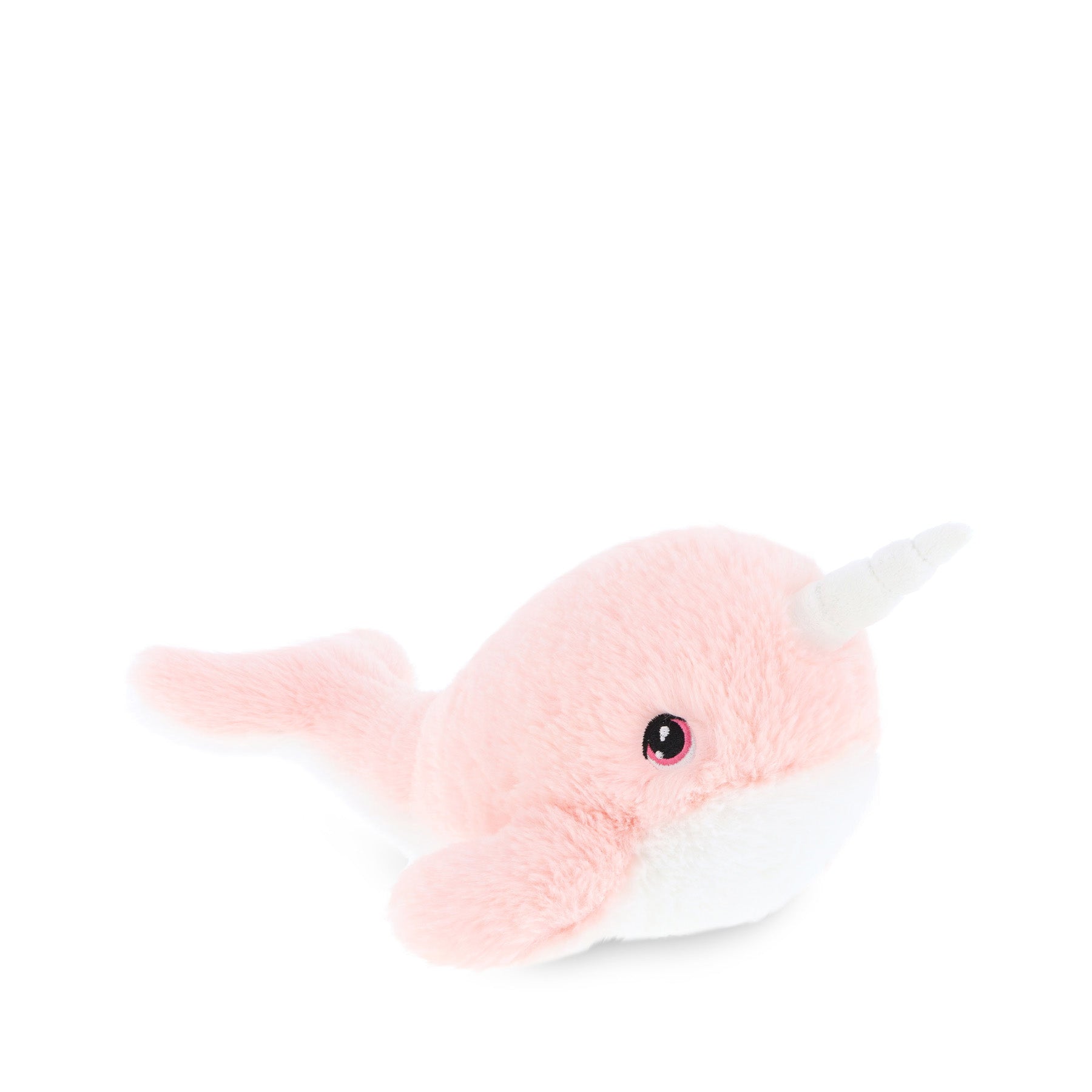 Pink narwhal plush toy with white tusk on a white background.