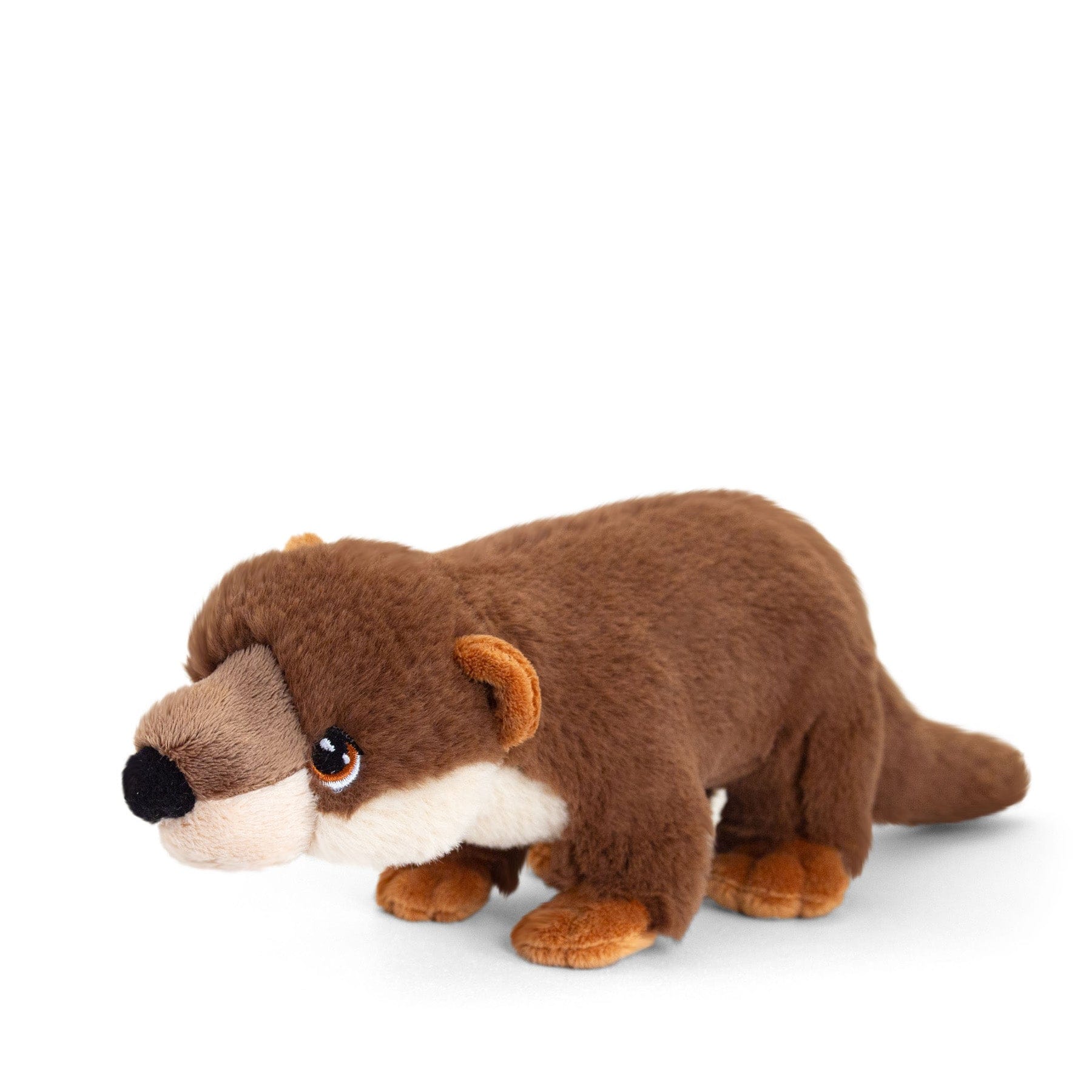 Brown plush otter toy with cute eyes on white background