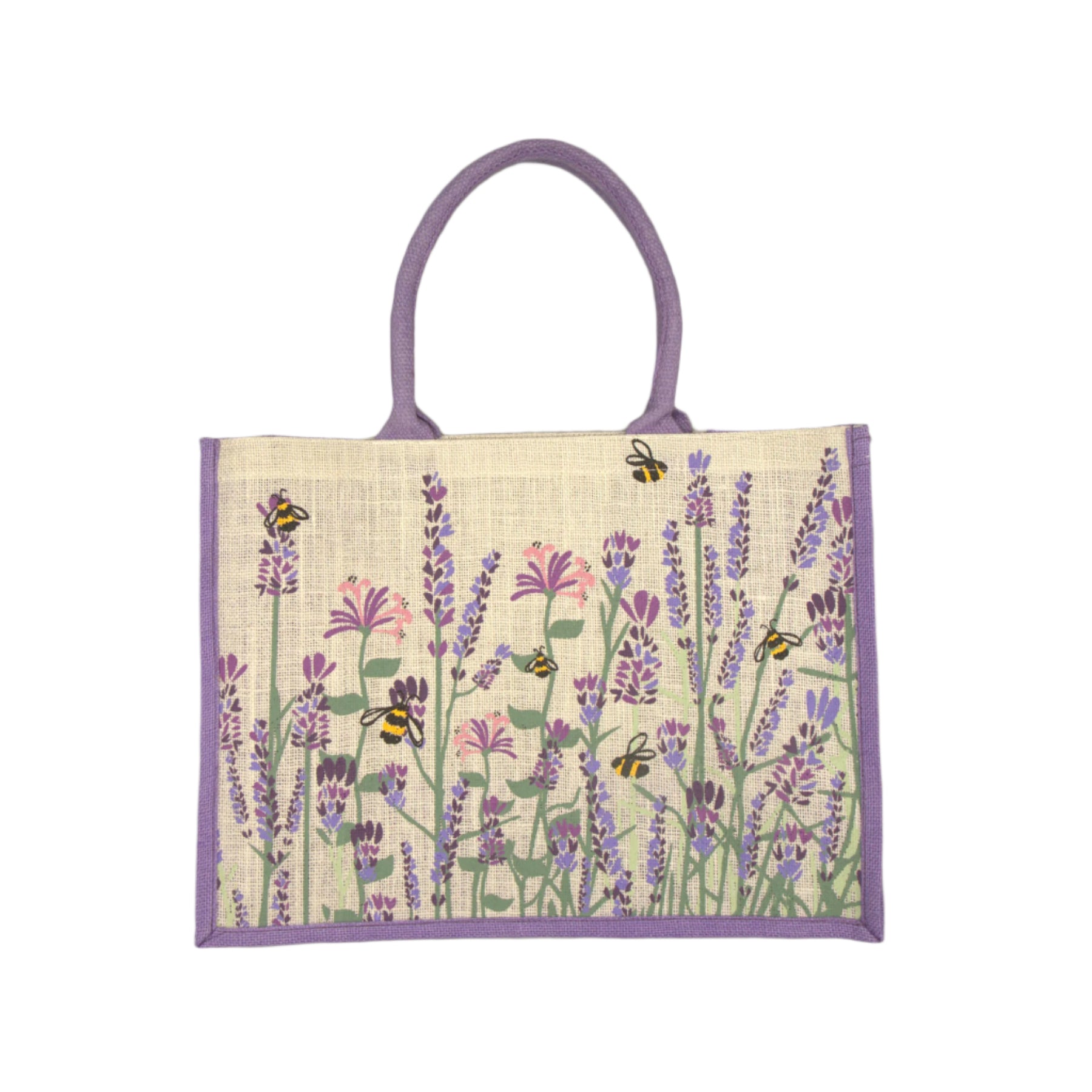 Large lavender & bee jute bag