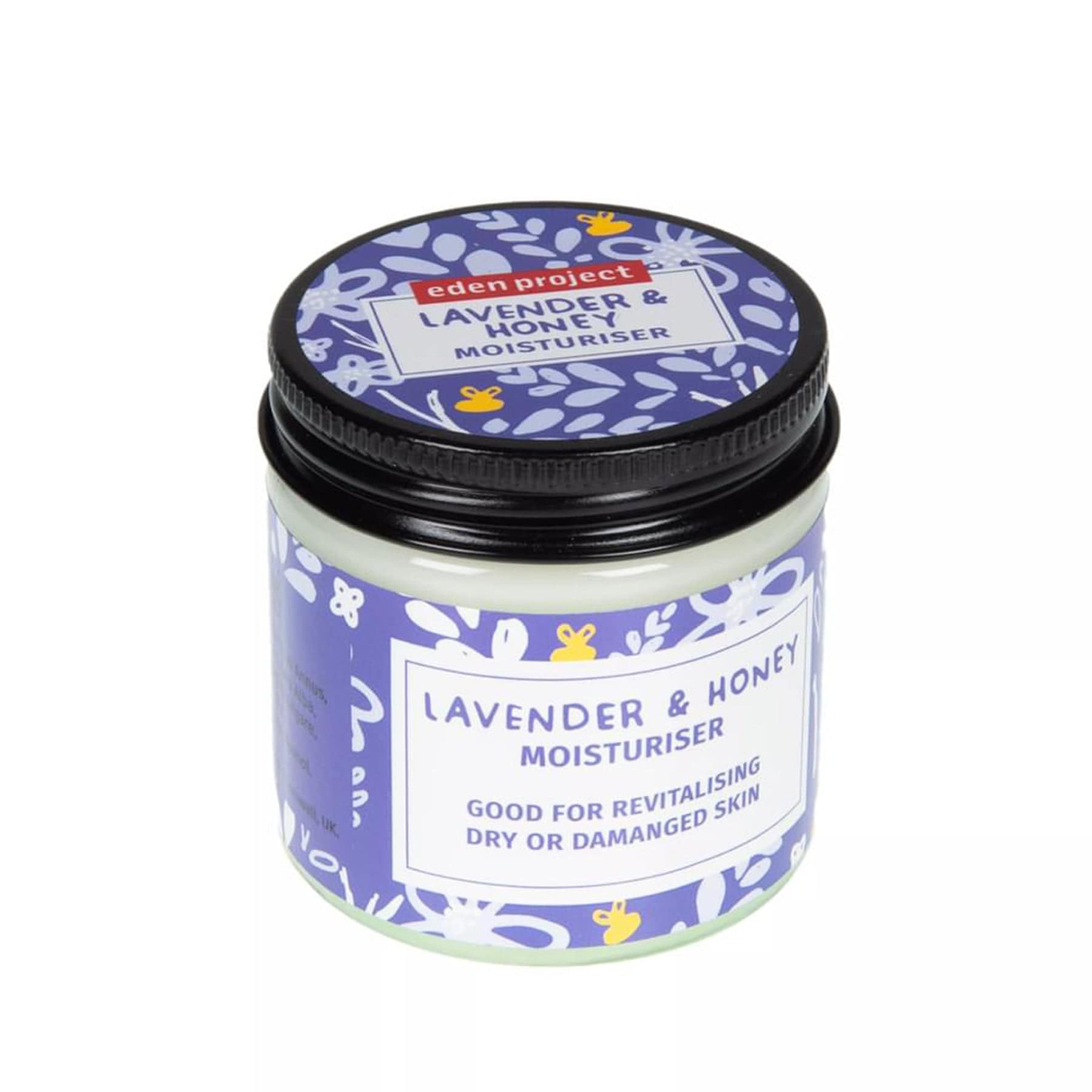 Eden Project Lavender and Honey Moisturiser container on white background, natural skincare product for revitalizing dry or damaged skin, featuring floral design packaging.